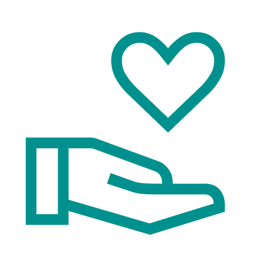 Line drawing of a hand with a heart above it, symbolizing care or support.