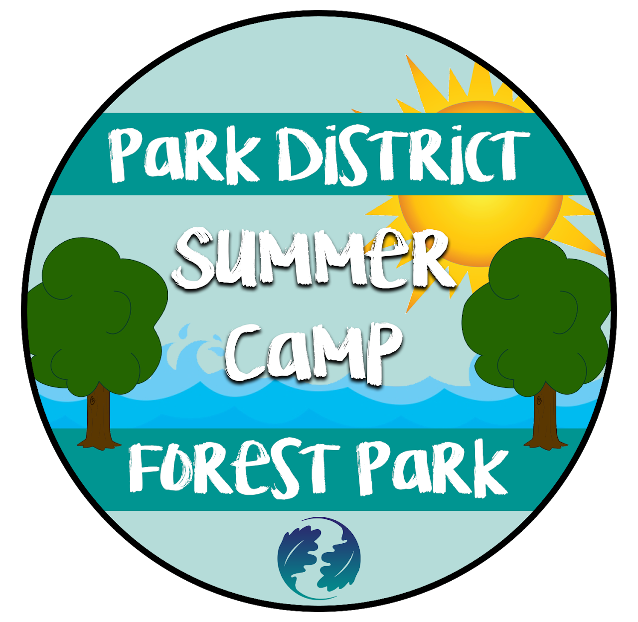 A circular logo for a summer camp at Forest Park, featuring a bright sun, two trees, waves, and the camp name in white handwritten-style text.
