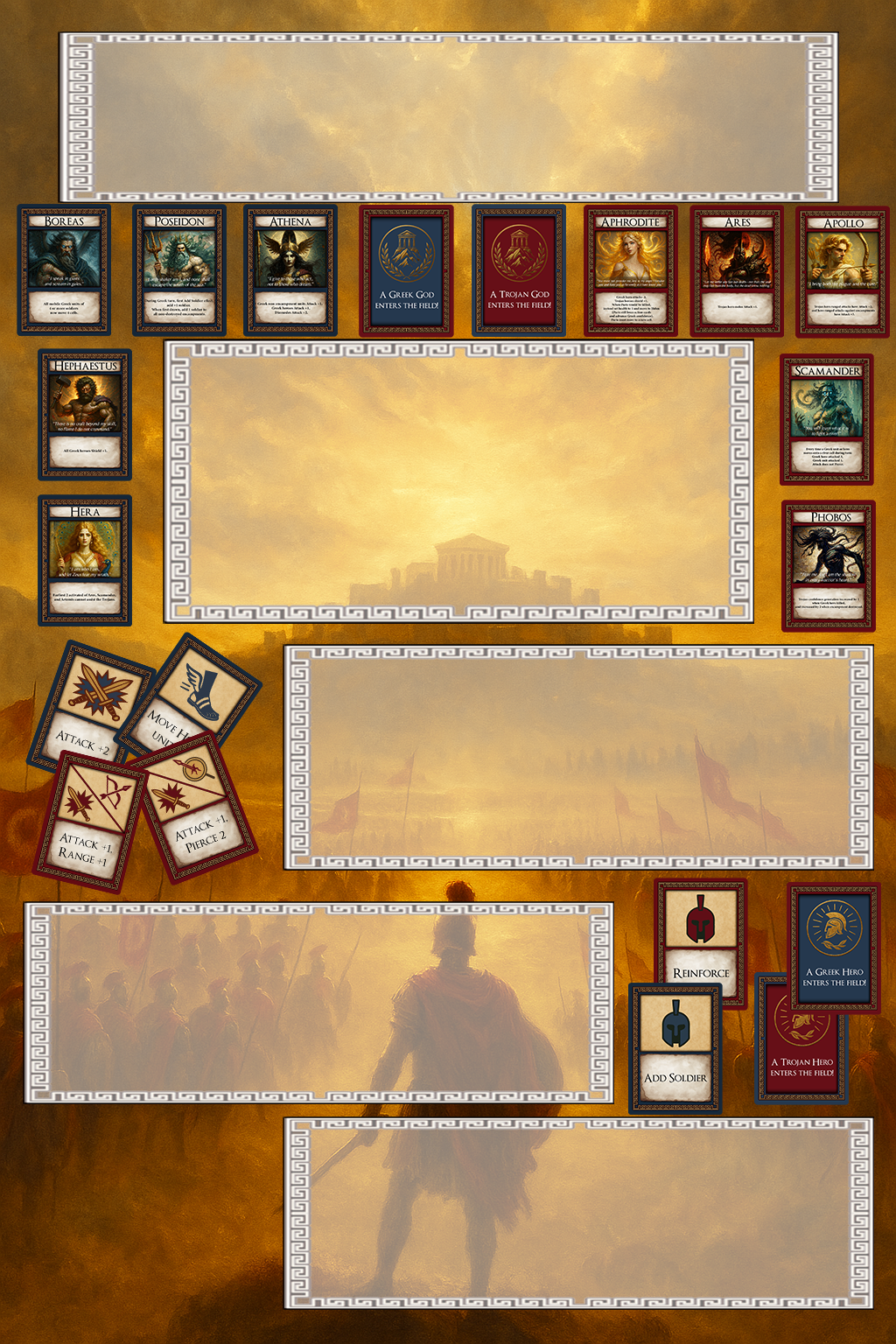 A tabletop board game setup featuring cards with Greek mythological characters and gods, various tactical action cards, and miniature soldier tokens, with a background artwork of ancient Greek soldiers and the Parthenon.