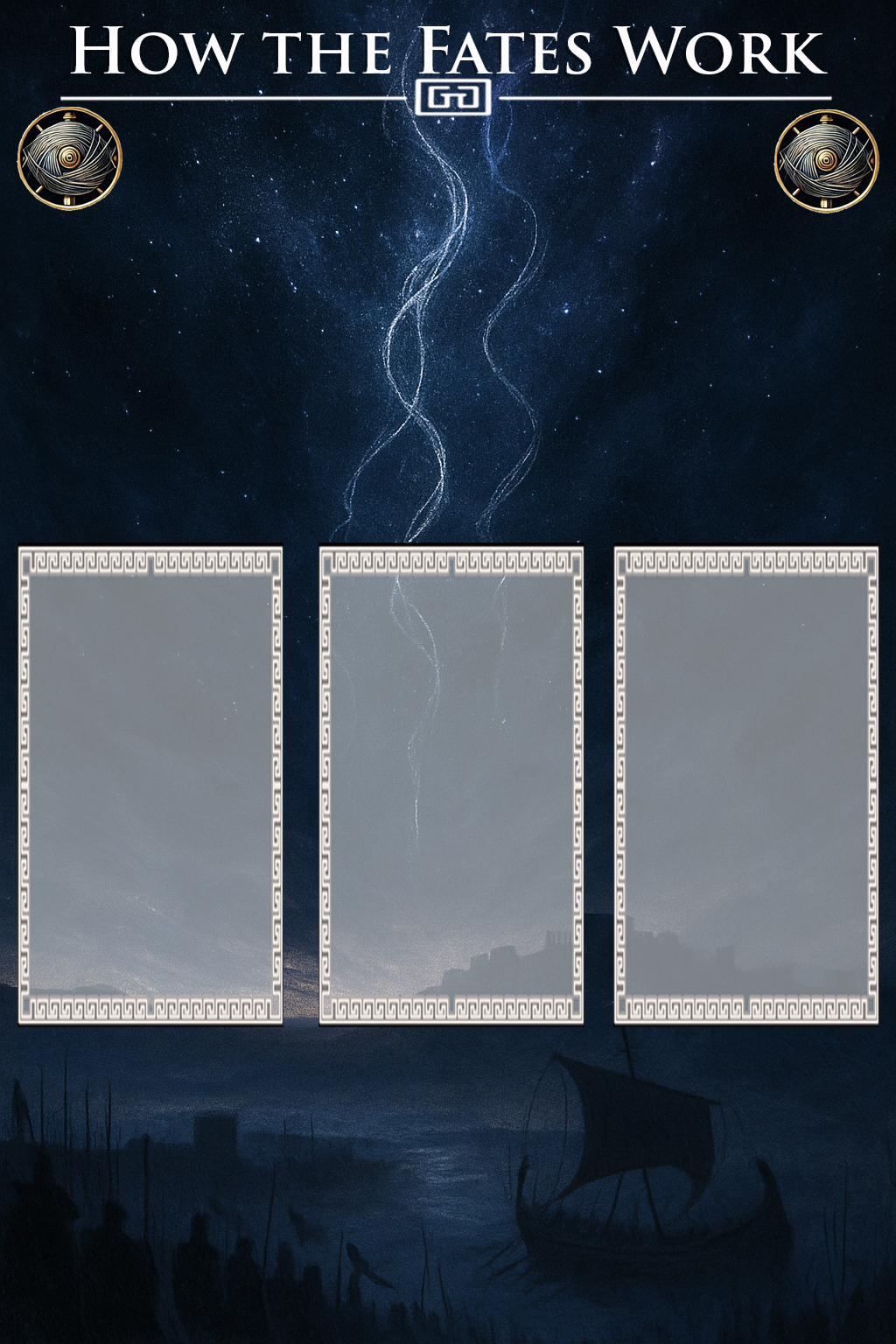 A dark, starry sky with nebulae and swirling patterns, a silhouette of a boat and people on the water, and three blank photo frames with Greek key borders, under the title 'How the Fates Work' at the top.