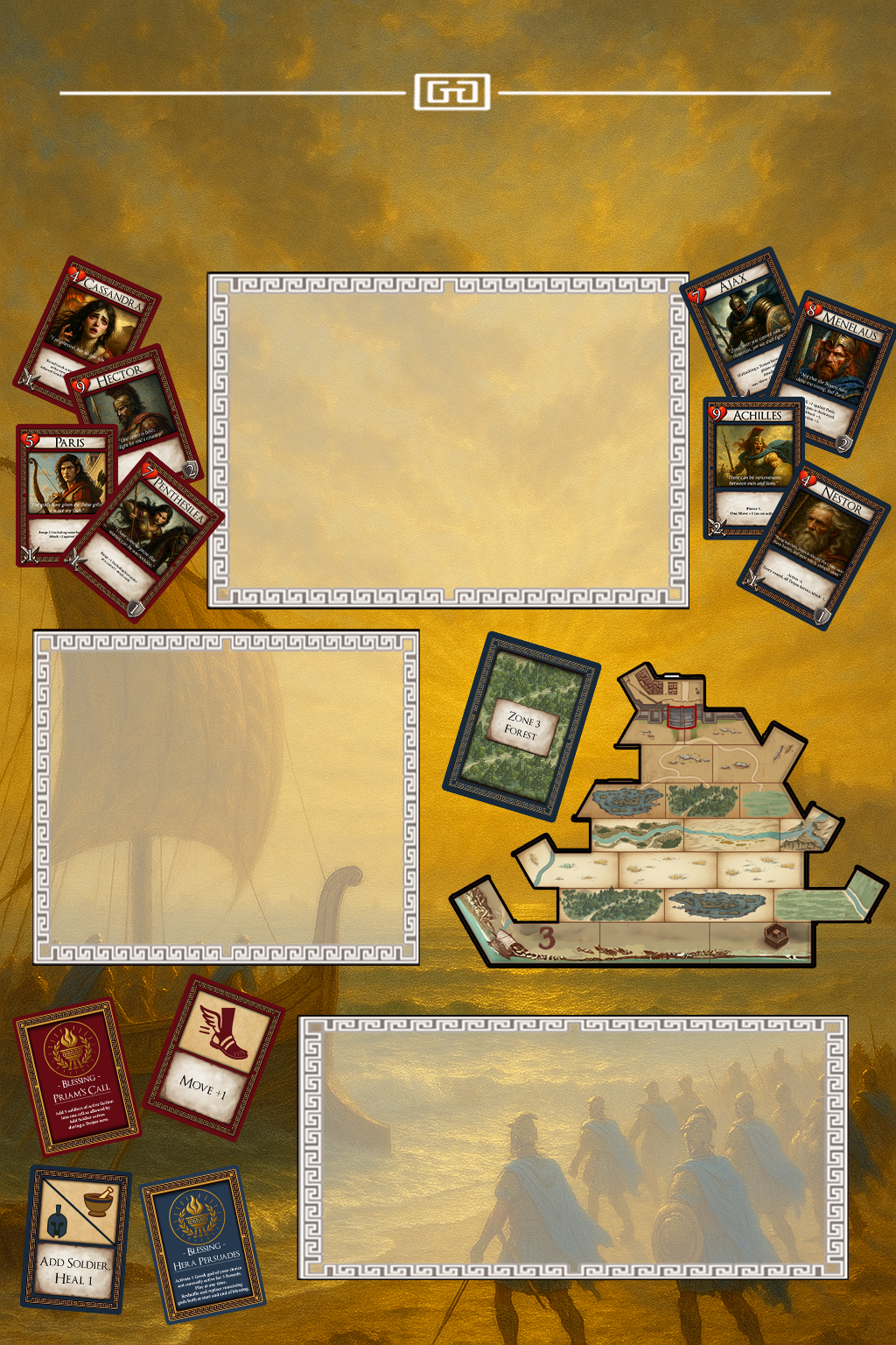 A board game setup featuring cards with ancient Greek characters and themes, including a map, zone card, and various playing pieces with artwork depicting warriors and ships, set against a background image of soldiers marching at sunset.