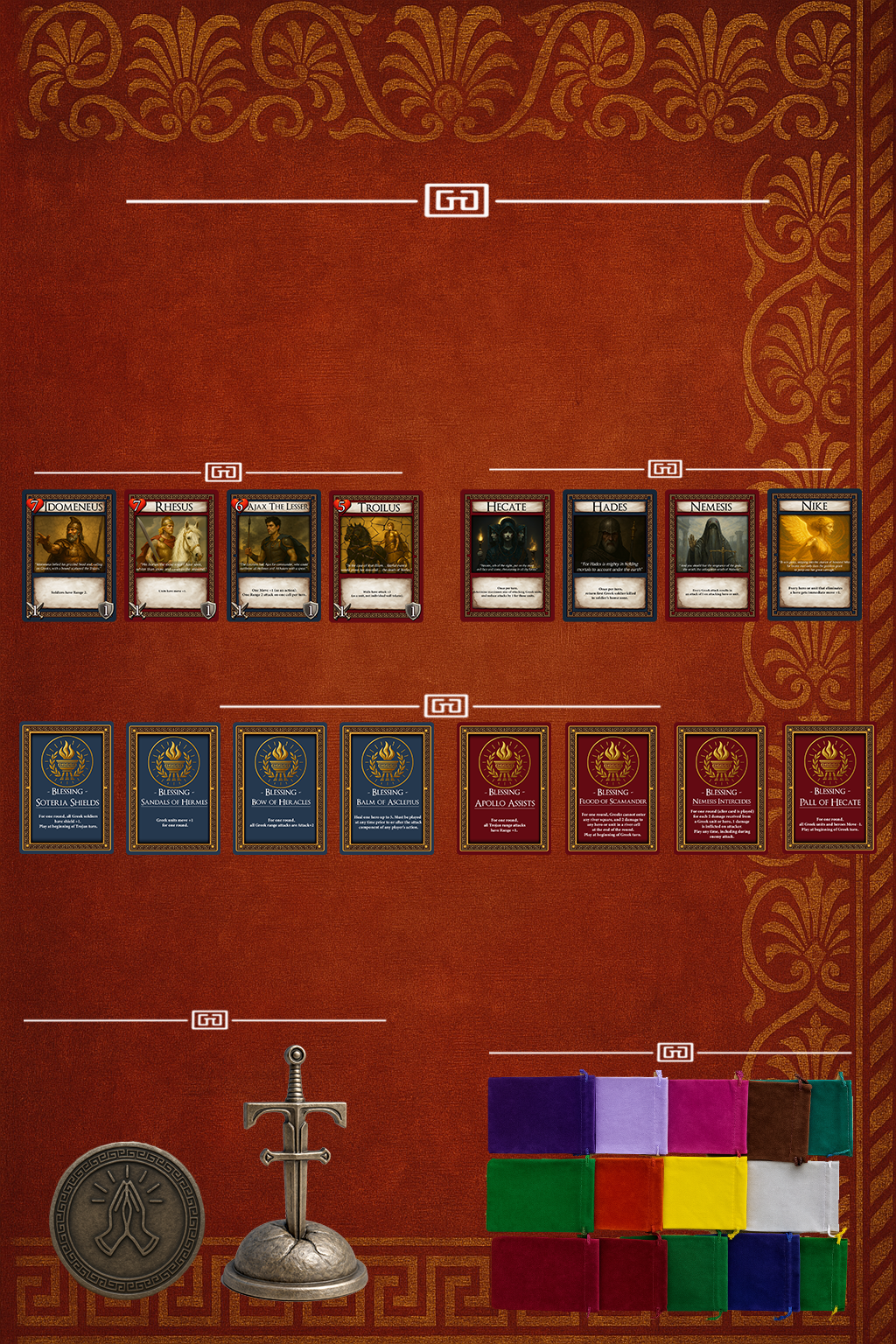 A collection of cards from a card game set against a decorative red background with ornate gold patterns. The cards feature artwork and titles related to mythological and historical figures and items, including domeneus, rhesus, ajax the lesser, troilus, hecate, hades, nemesis, nike, and various blessing cards like soteria shields, sandals of hermes, bow of heracles, balm of asclepius, and others. There are colored cloth pieces arranged at the bottom right and a sword and coin icon at the bottom left.