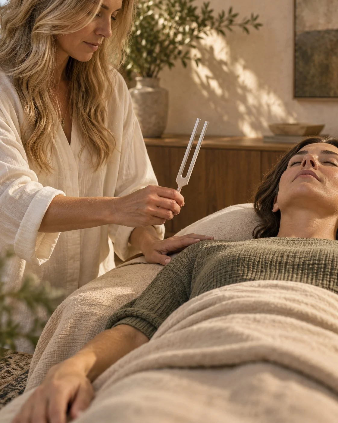 Biofield Tuning session with a practitioner holding a tuning fork beside a resting client.