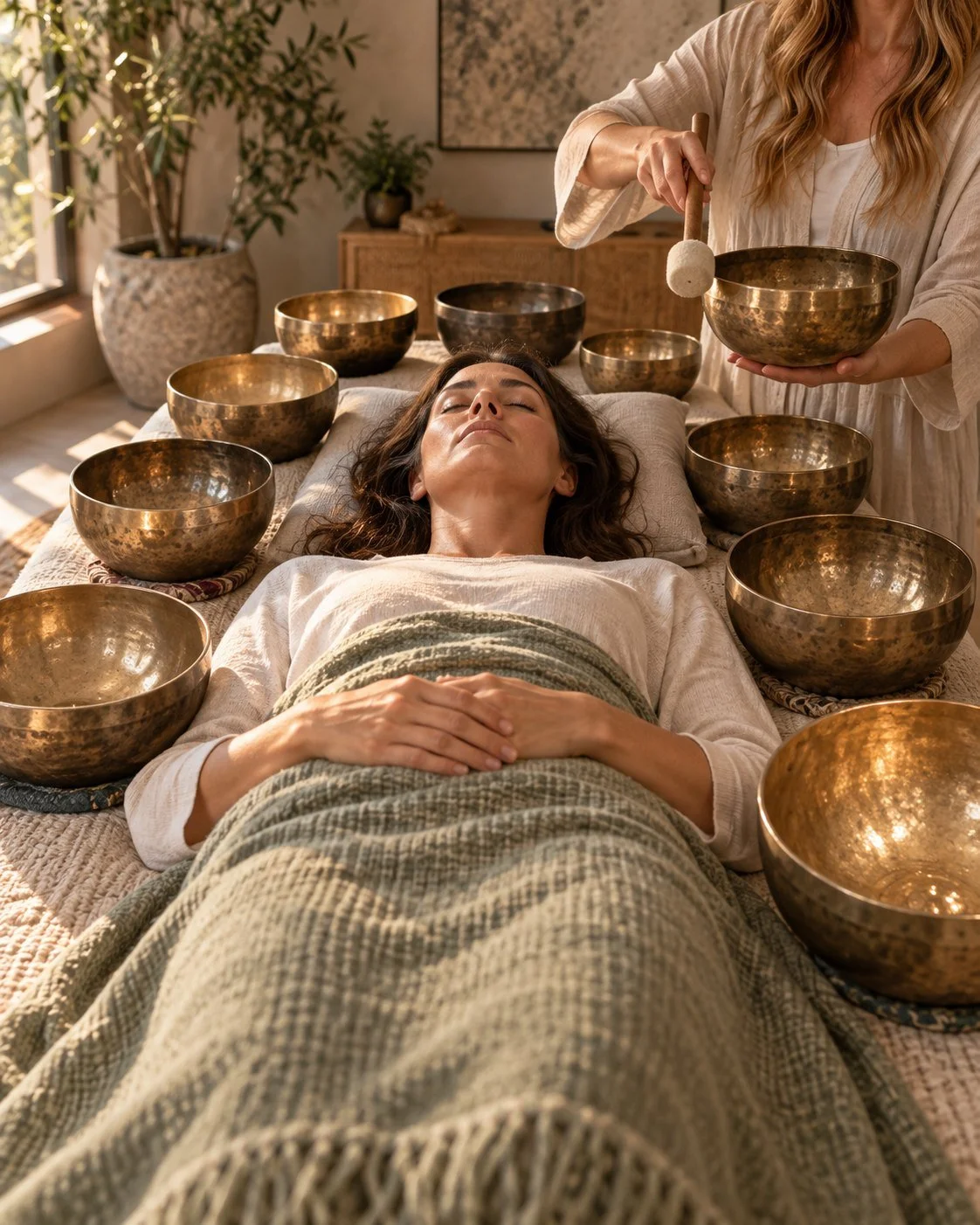 Tibetan Singing Bowl Therapy with a resting client surrounded by Himalayan metal singing bowls as the practitioner plays a bowl nearby.