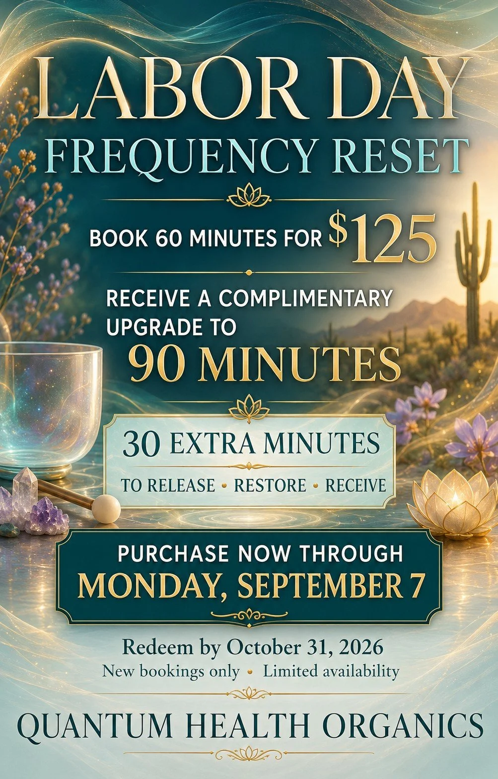 Labor Day Frequency Reset: 90-minute private session for $125. Purchase by September 7, 2026; complete your session by October 31, 2026.