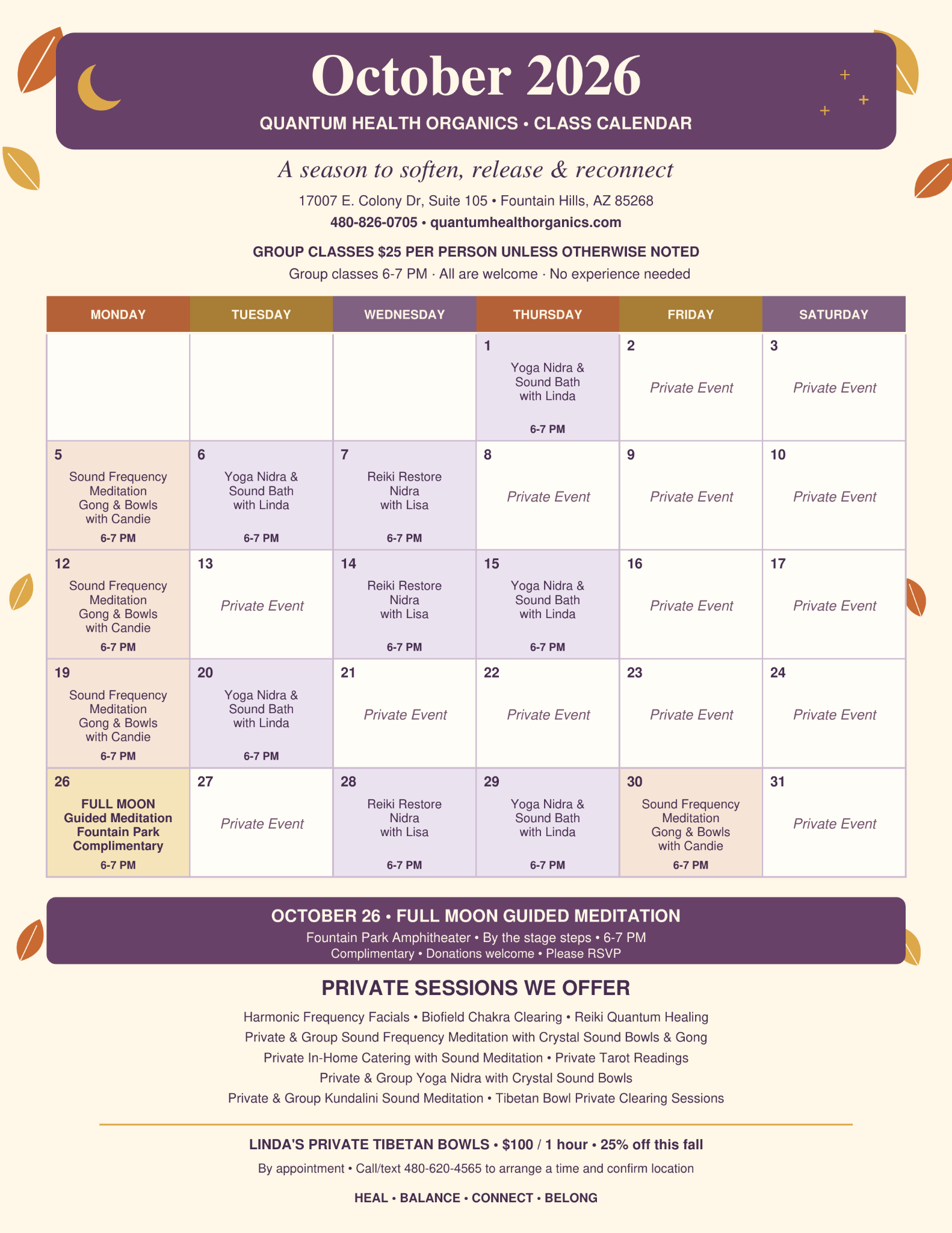 Quantum Health Organics October 2026 class calendar