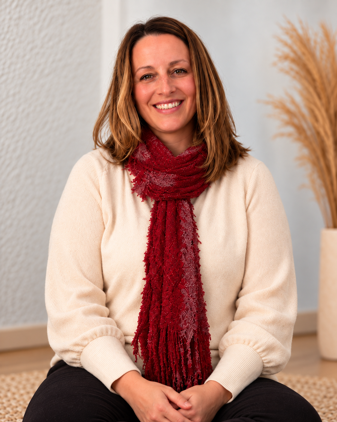 Julie Lemerond seated and smiling, wearing a cream sweater and burgundy scarf.