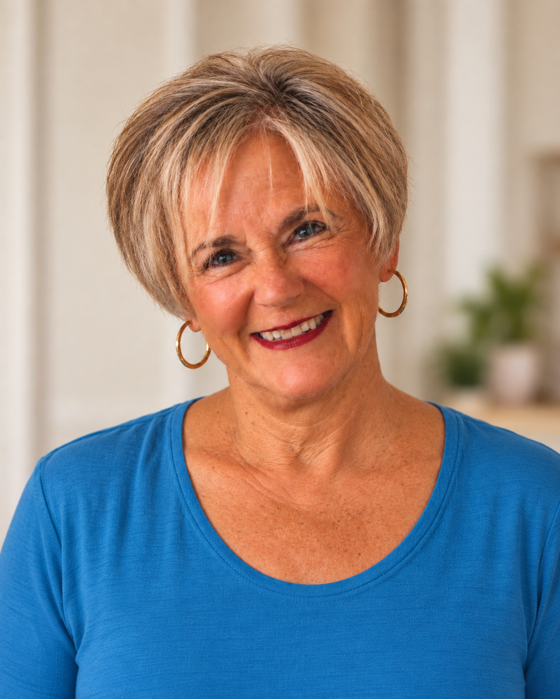 Virginia Ray smiling, with short blonde hair, wearing a blue top.