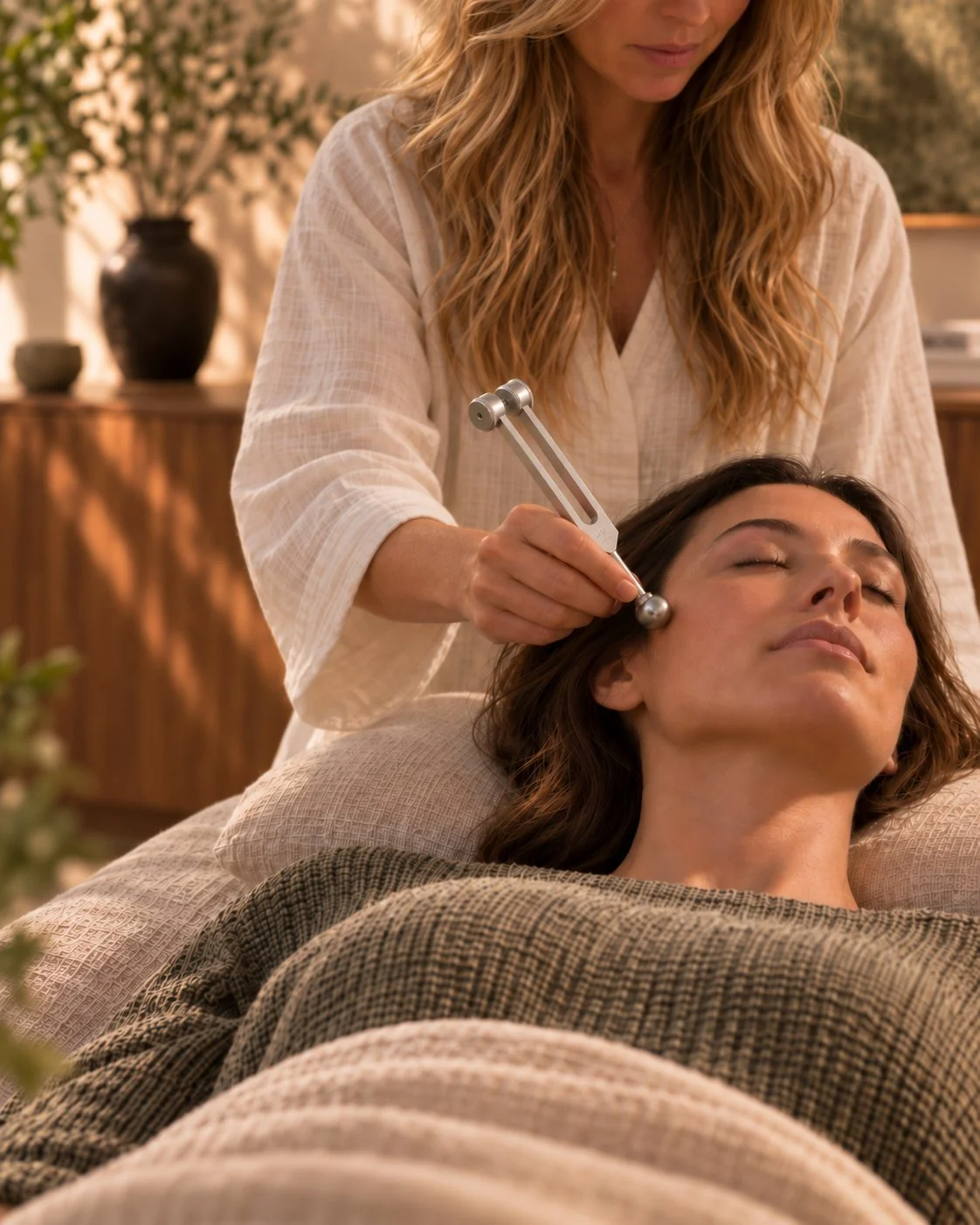 Harmonic Frequency Facial session using a tuning fork near a resting client’s face.