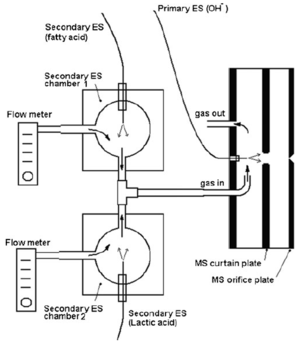Secondary Electrospray Ionization of Complex Vapor Mixtures. Theoretical and Experimental Approach