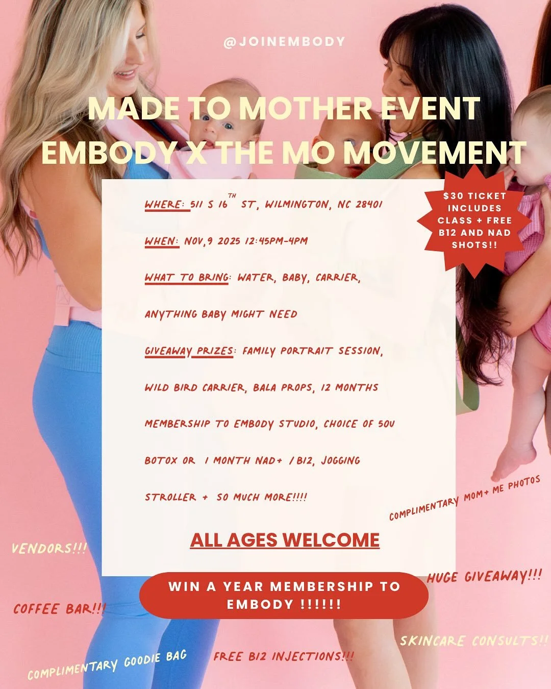 💛 MADE TO MOTHER GIVEAWAY!!!!!! 💛
We’re celebrating our upcoming Embody x The Mo Movement: Made to Mother Event with something extra special for all the modern mamas 🫶
✨ ONE LUCKY WINNER WILL RECEIVE:
• 🩰 1 YEAR Unlimited Membership