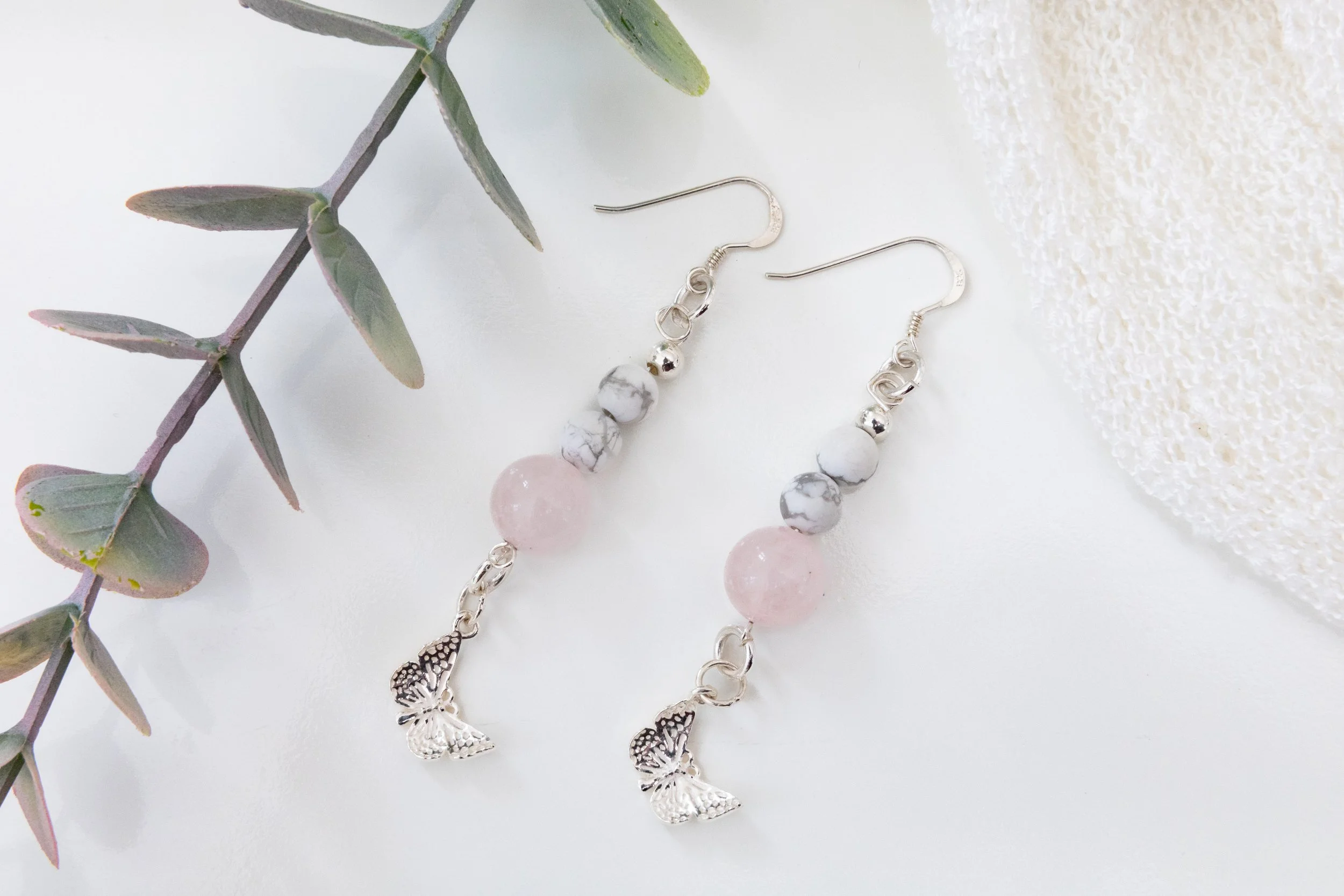 Boucles d’Oreilles Quartz Rose, Howlite Blanche & Argent Sterling 925