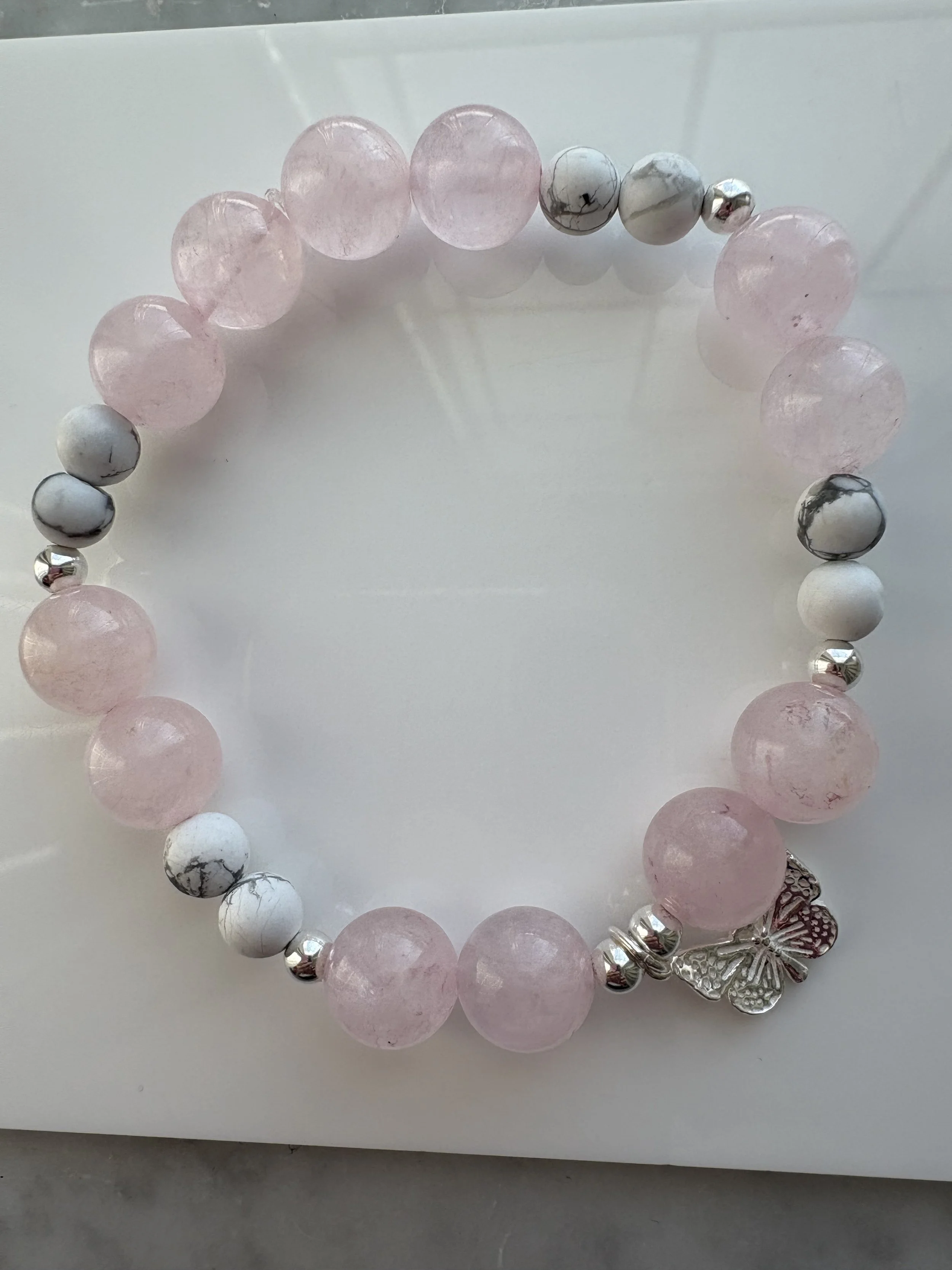 Bracelet Quartz Rose, Howlite Blanche & Argent Sterling 925
