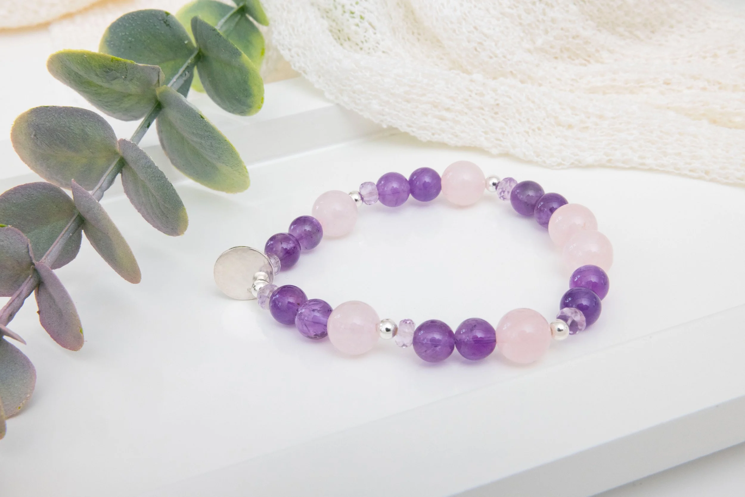 Bracelet Quartz Rose & Améthyste Violette avec Argent Sterling Mat