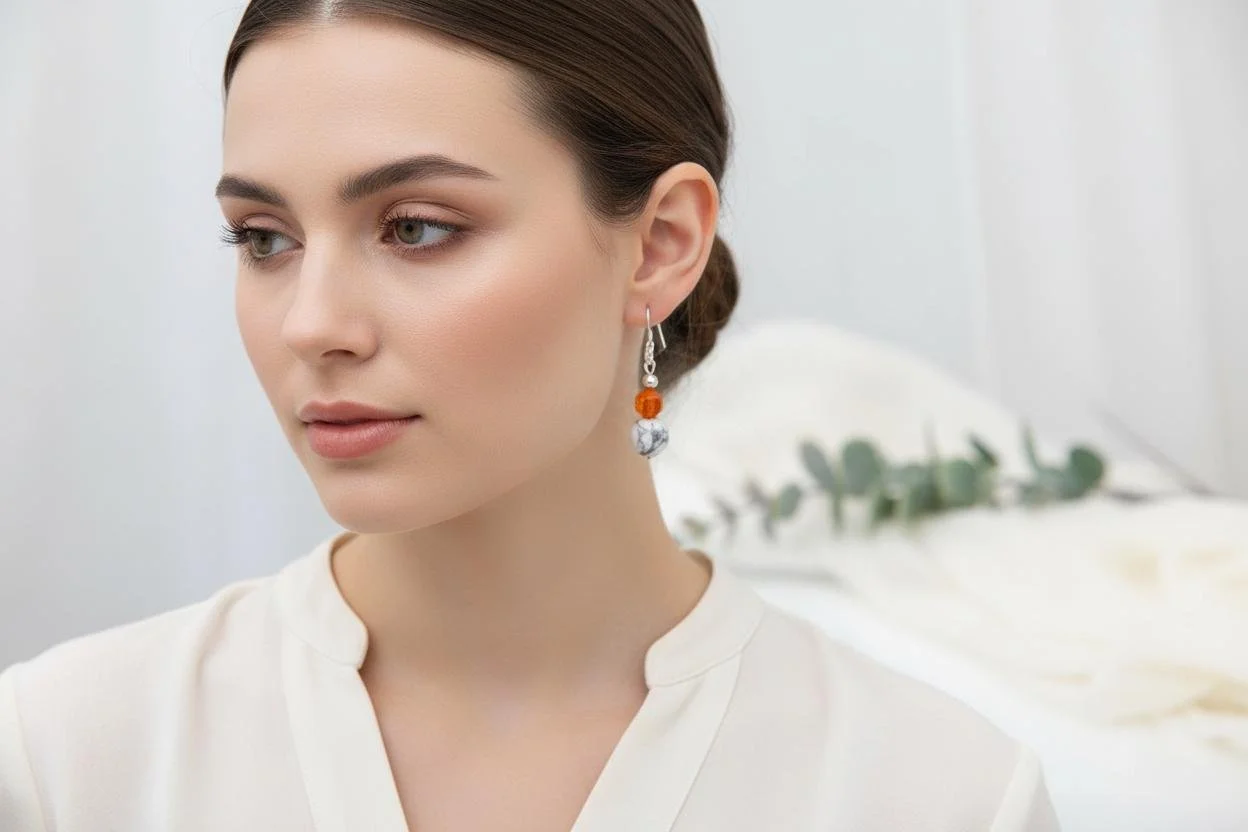 Boucles d’oreilles en howlite blanche & cornaline facettée – Argent sterling 925