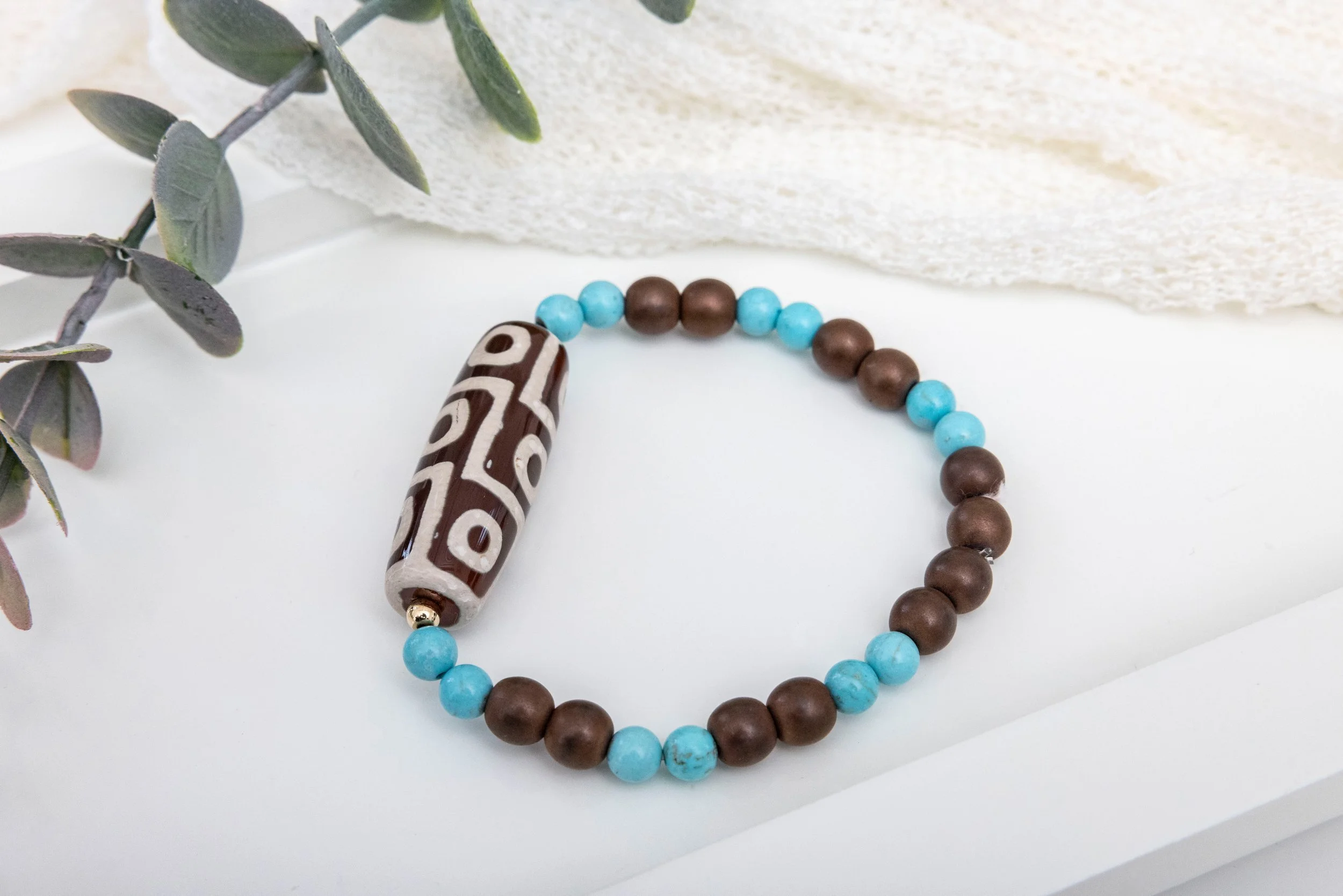 Bracelet Magnésite Turquoise, Hématite Cuivrée & Or 14K