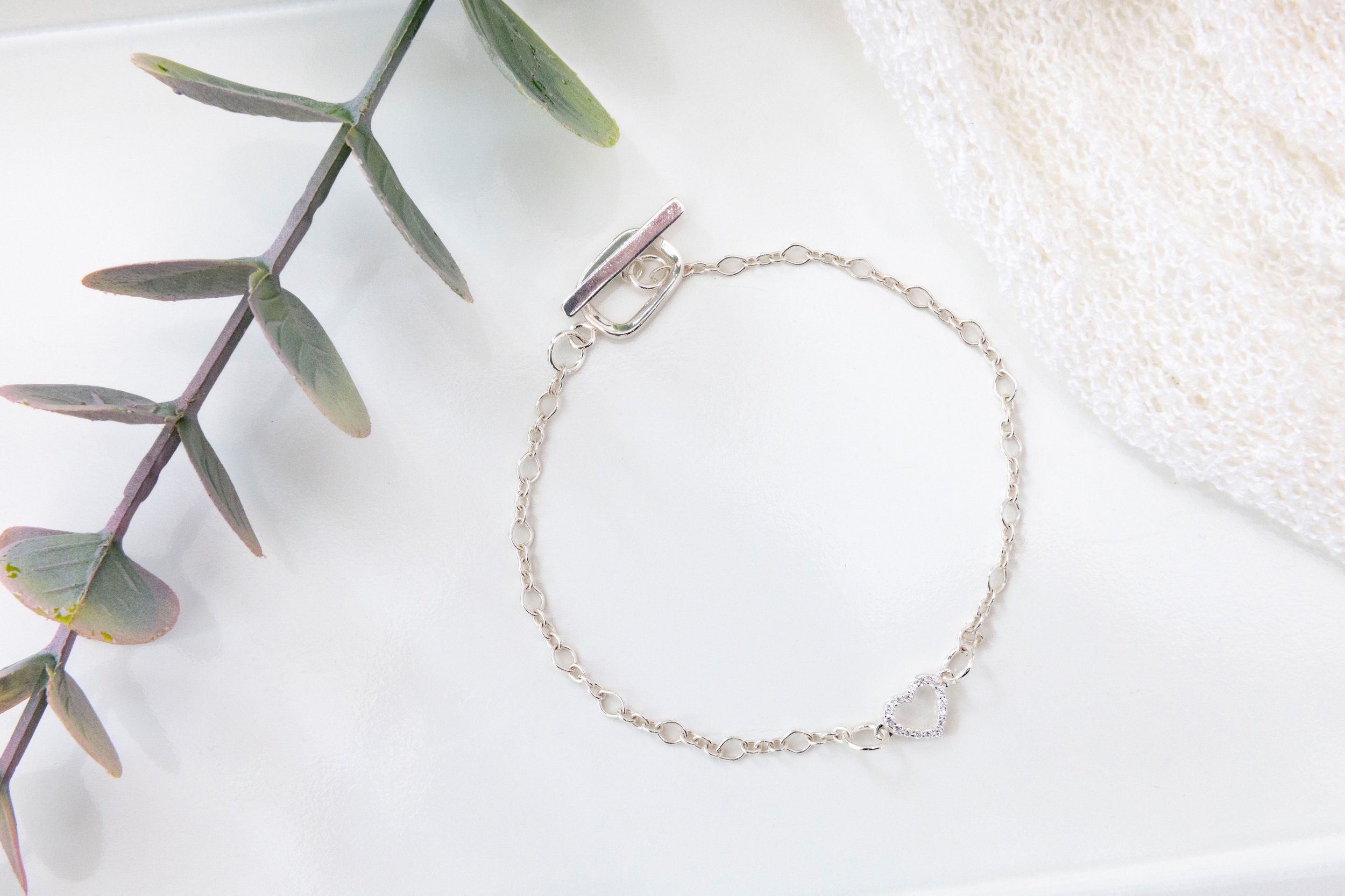 Bracelet chaîne câble en argent sterling avec cœur et zircon