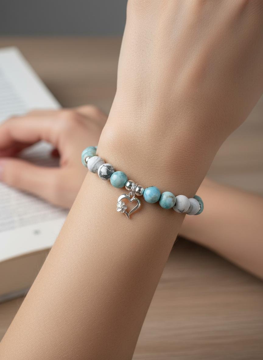 Bracelet en Larimar & Howlite Blanche – Cœur en Argent Sterling 925