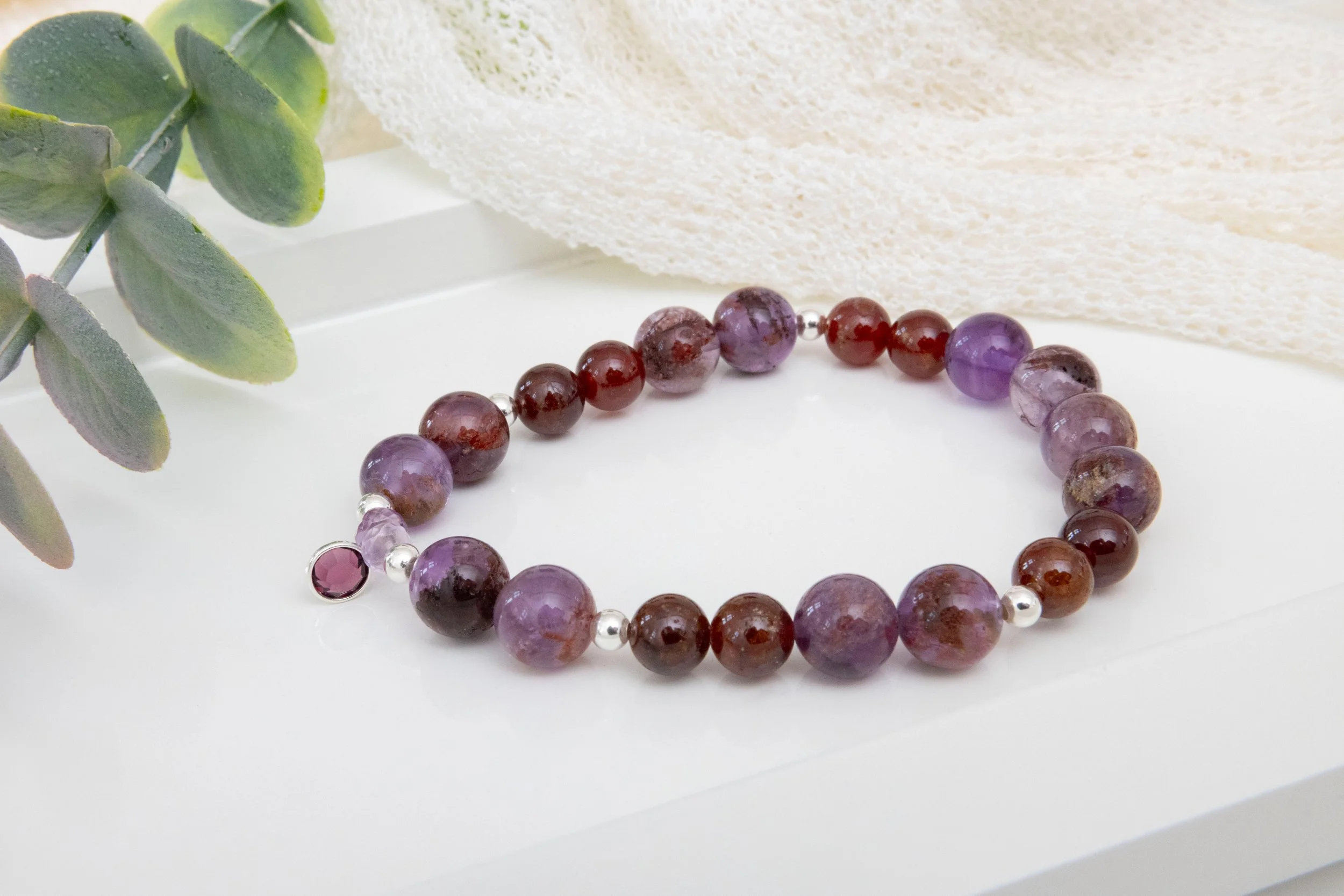 Bracelet Super 7 & Grenat Hessonite avec Argent Sterling et Améthyste Rhodolite