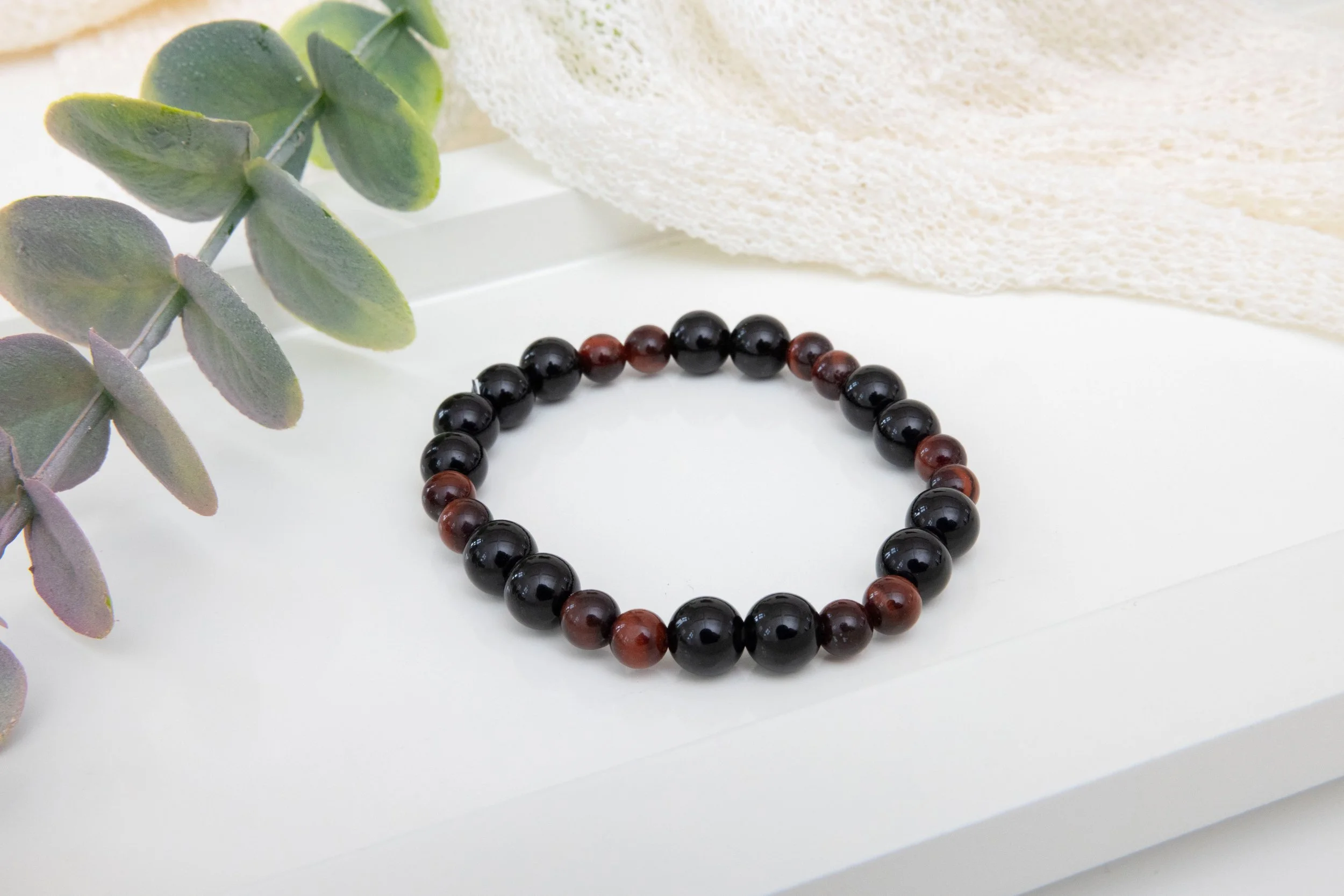 Bracelet Onyx Noir & Œil de Tigre Rouge