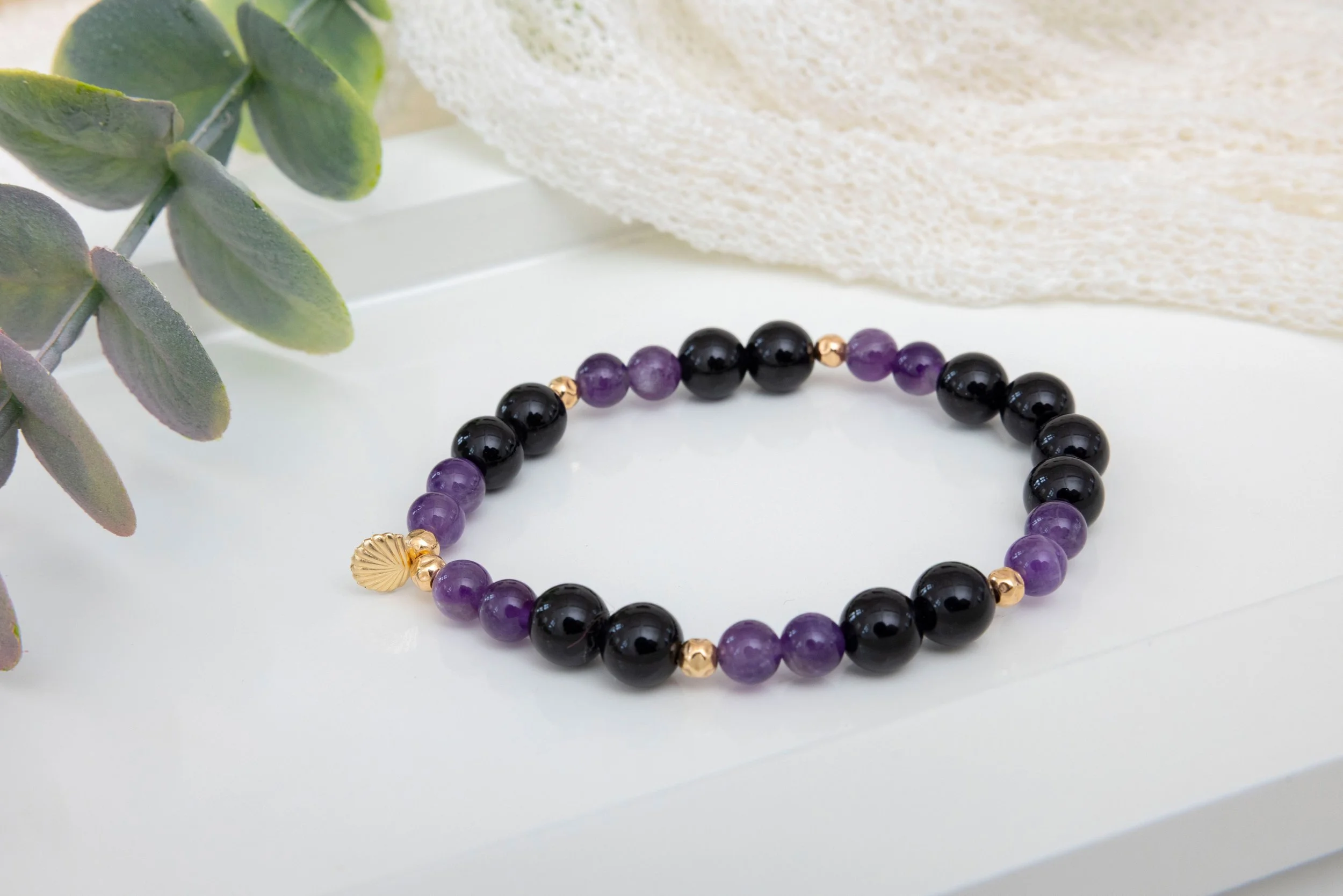 Bracelet Onyx Noir & Améthyste – Or 14K