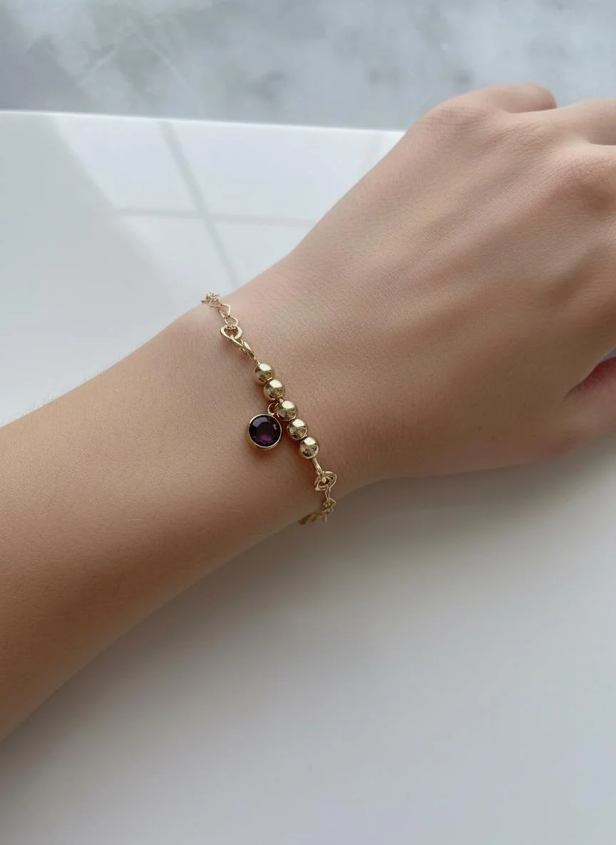 Bracelet Cœur en Or 14 Carats avec Améthyste – Connecteur Perles Or & Fermoir Cœur 14K
