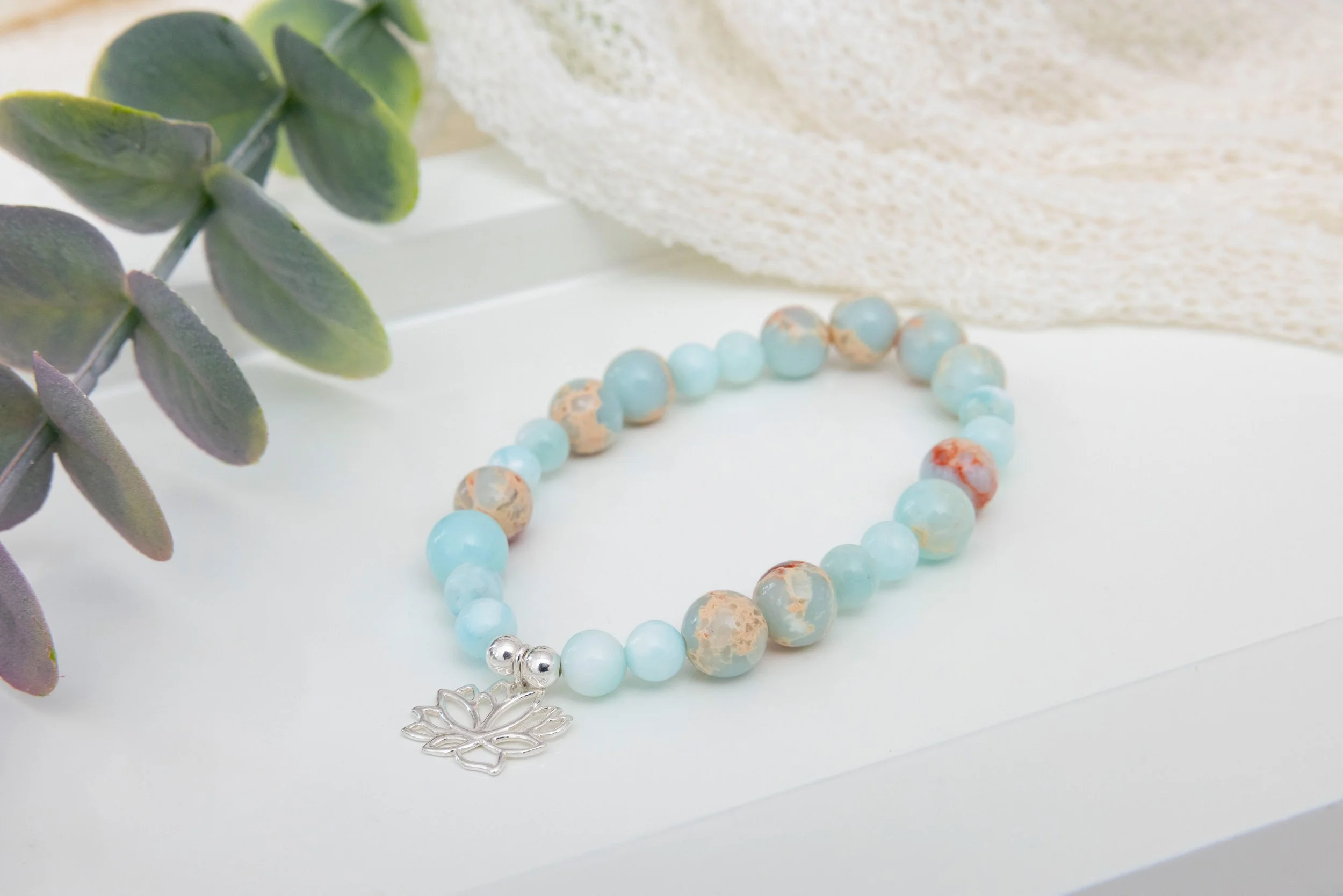 Bracelet en Jaspe Impérial & Hémimorphite – Fleur de Lotus en Argent Sterling