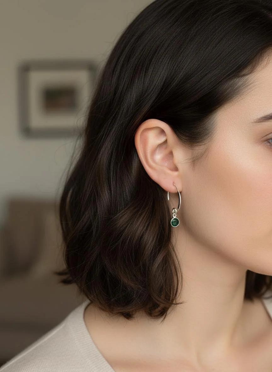 Boucles d'oreilles pendantes en argent sterling faites main avec émeraude — Pierre de naissance de mai