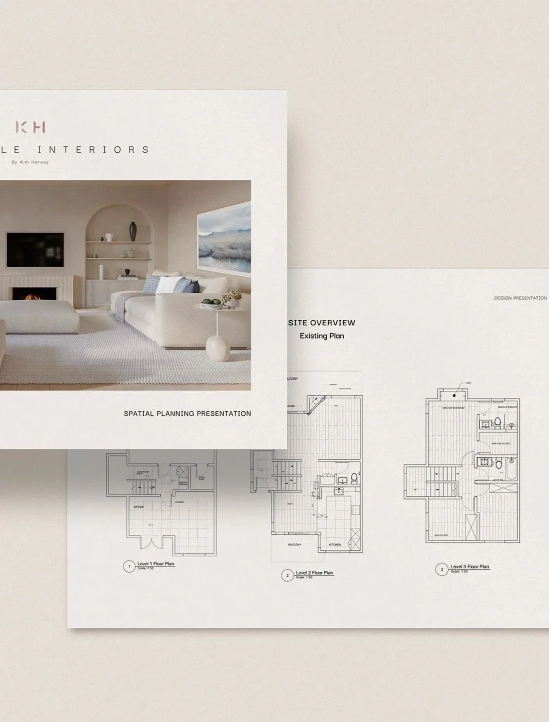 Shoppable Interiors Space Planning presentation. Front cover showing a contemporary Scandinavian living room accompanied by floor plans.