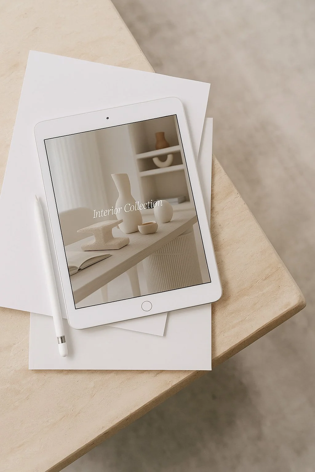 iPad showing minimalist interior styling with vases and accessories, illustrating Step 2 of Shoppable Interiors virtual design process