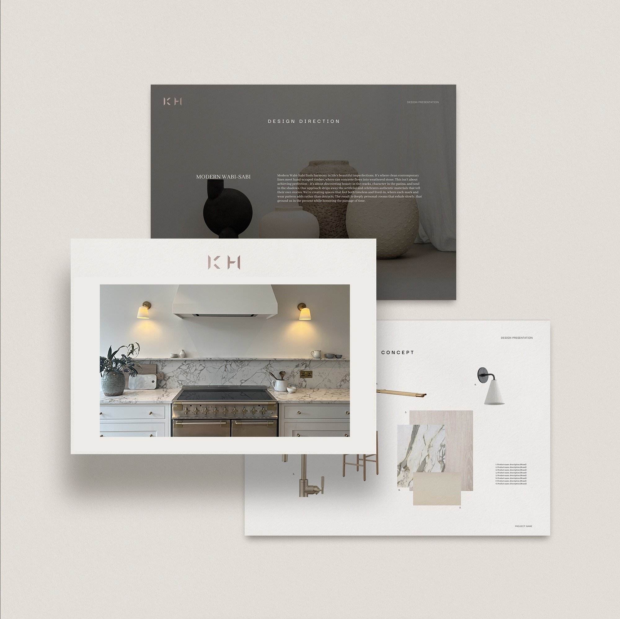 Virtual interior design presentation of a modern kitchen, featuring minimalist white cabinetry, marble countertops, and brass wall lights — Step 4 of Shoppable Interiors process