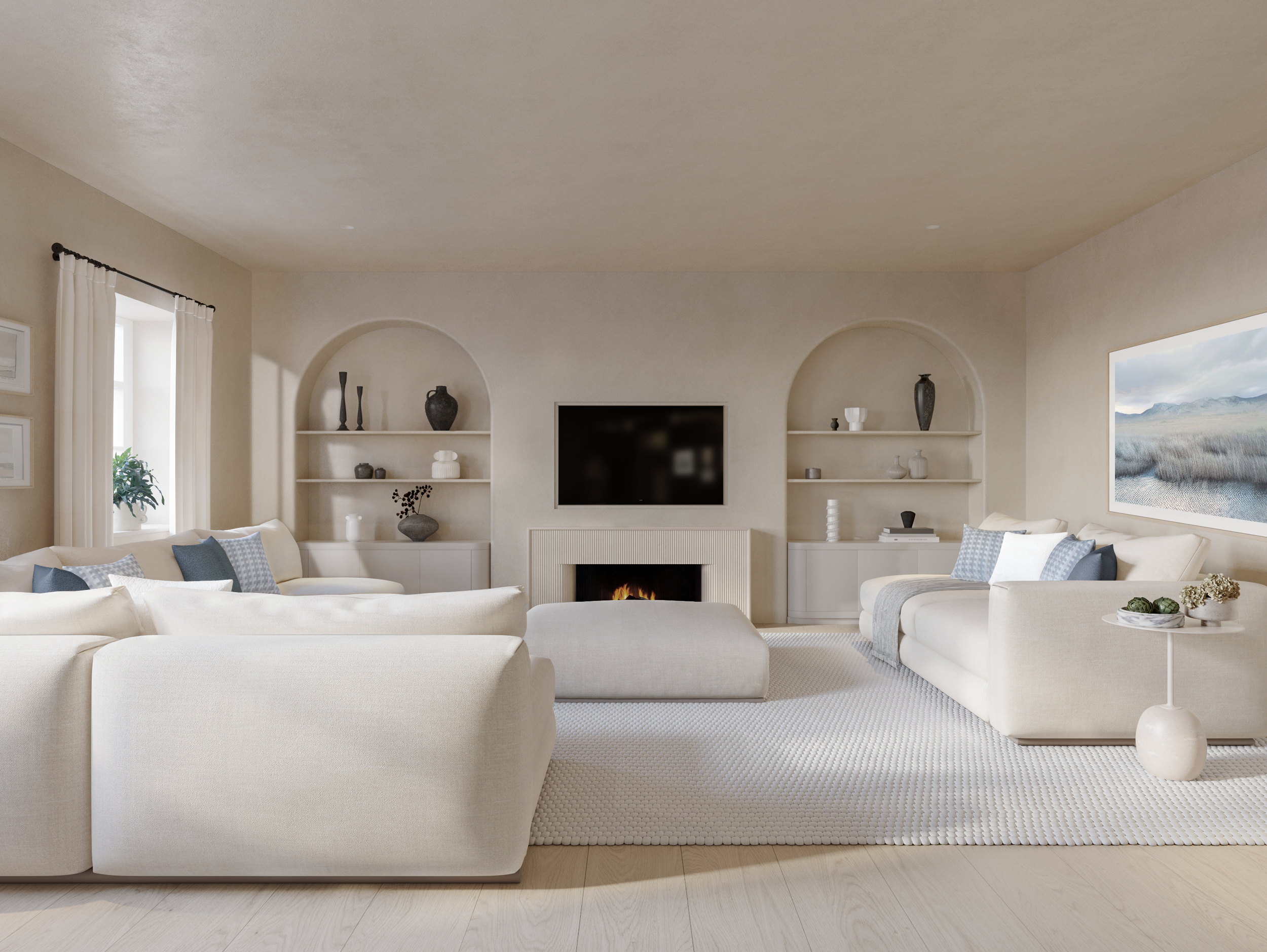Contemporary Scandinavian style living room with neutral sofas and white textural rug, arched niches with shelves and mounted TV above fireplace.