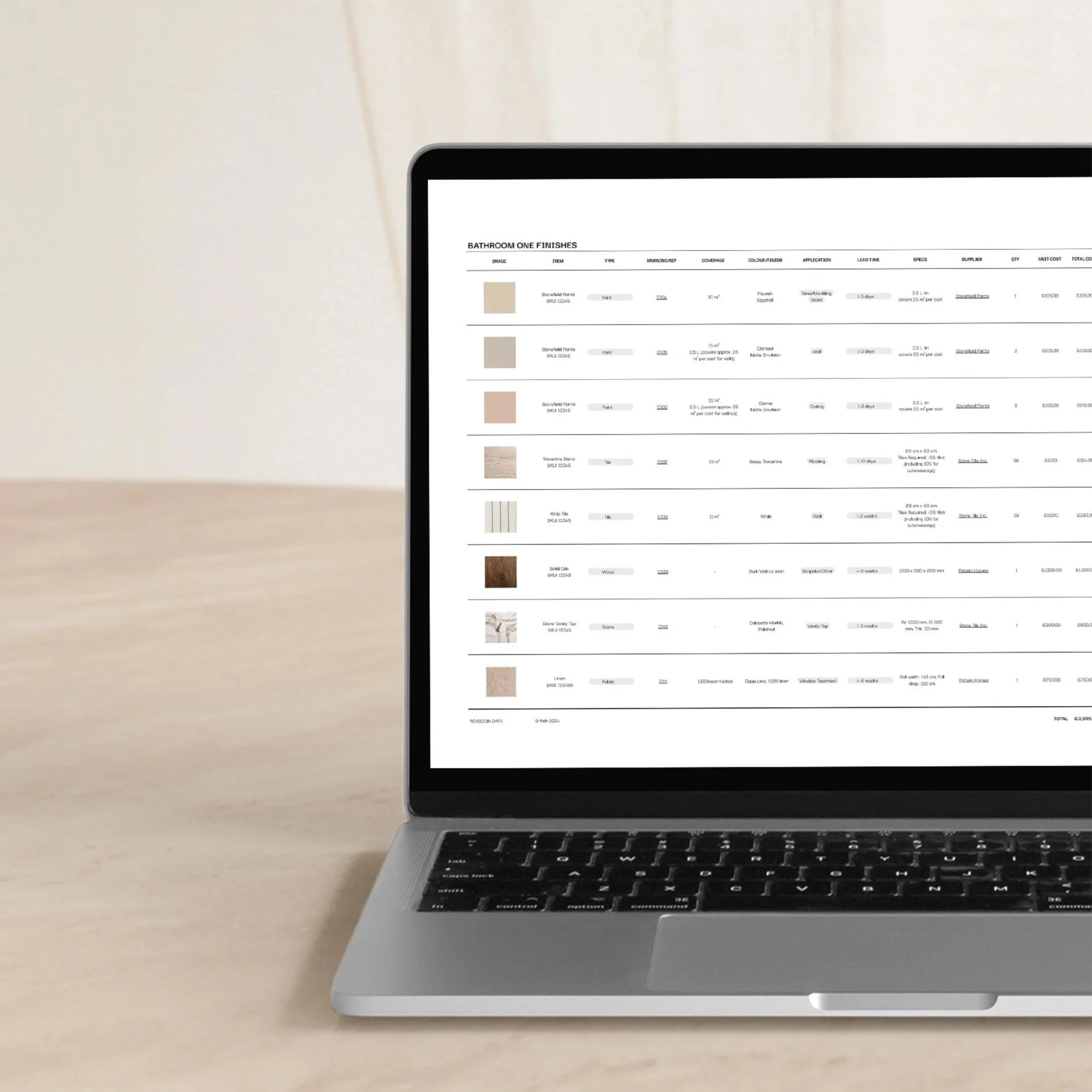 Laptop on a wooden table displaying a detailed spreadsheet specifying interior design items, fixtures and finishes with purchasing links — Step 5 of Shoppable Interiors process.