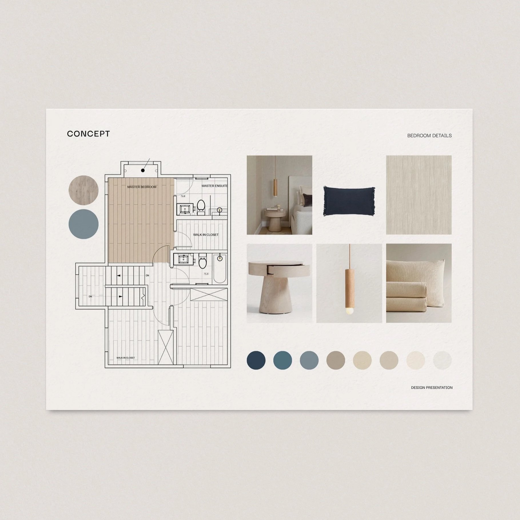 Virtual interior design scheme showing bedroom concept, floor plan, color palette, and furniture selections — Step 3 of our Shoppable Interiors process.
