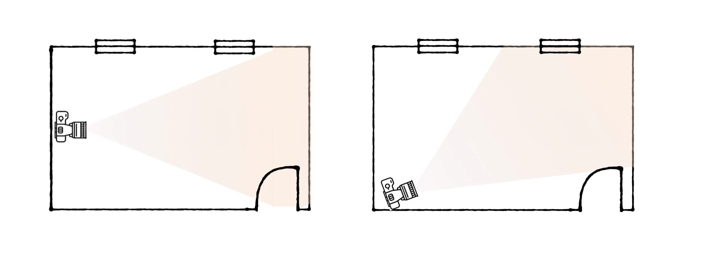 Two room layouts with projectors and lighting beams.