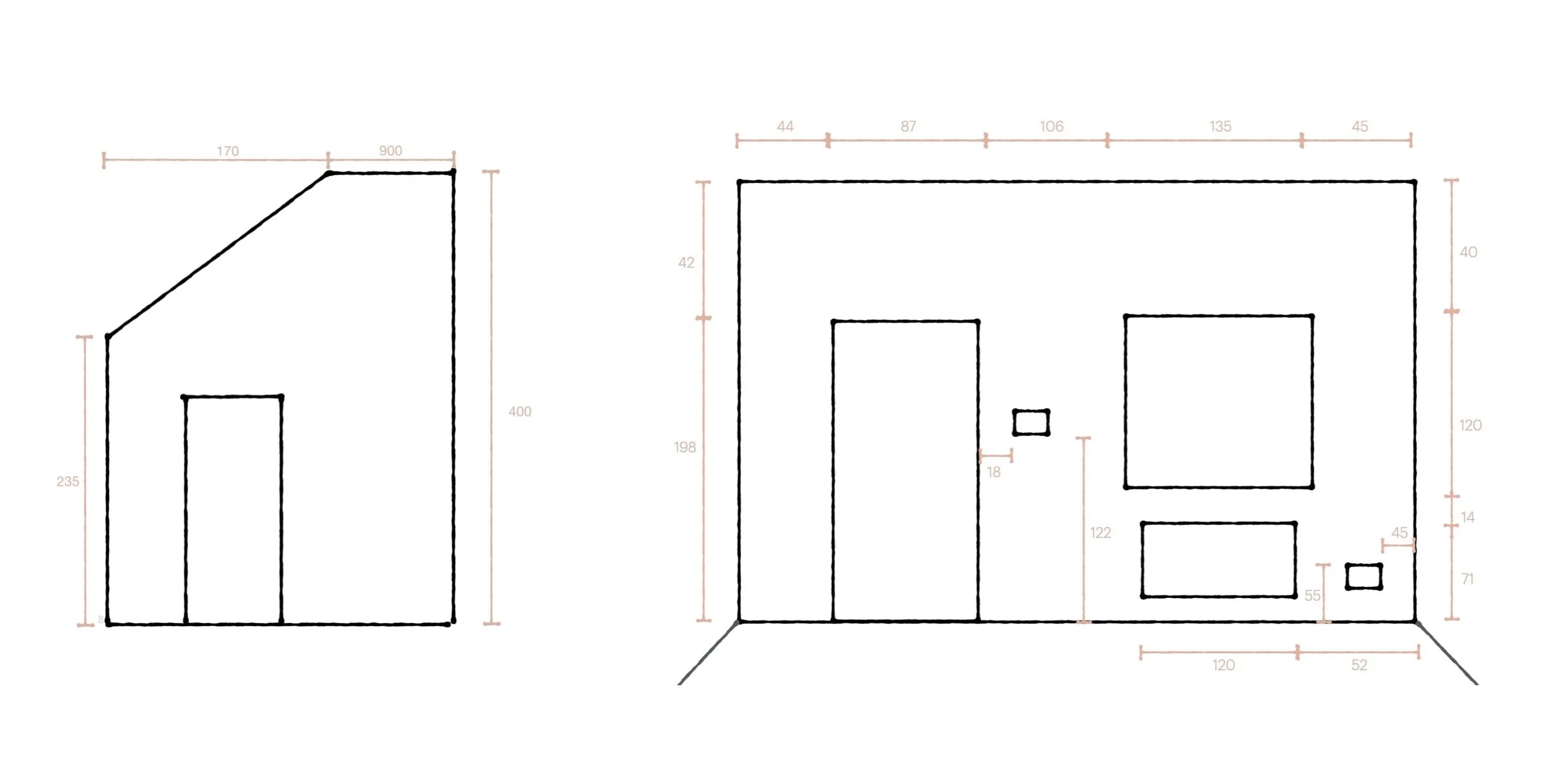Architectural blueprint with measurements of a house and a floor plan.