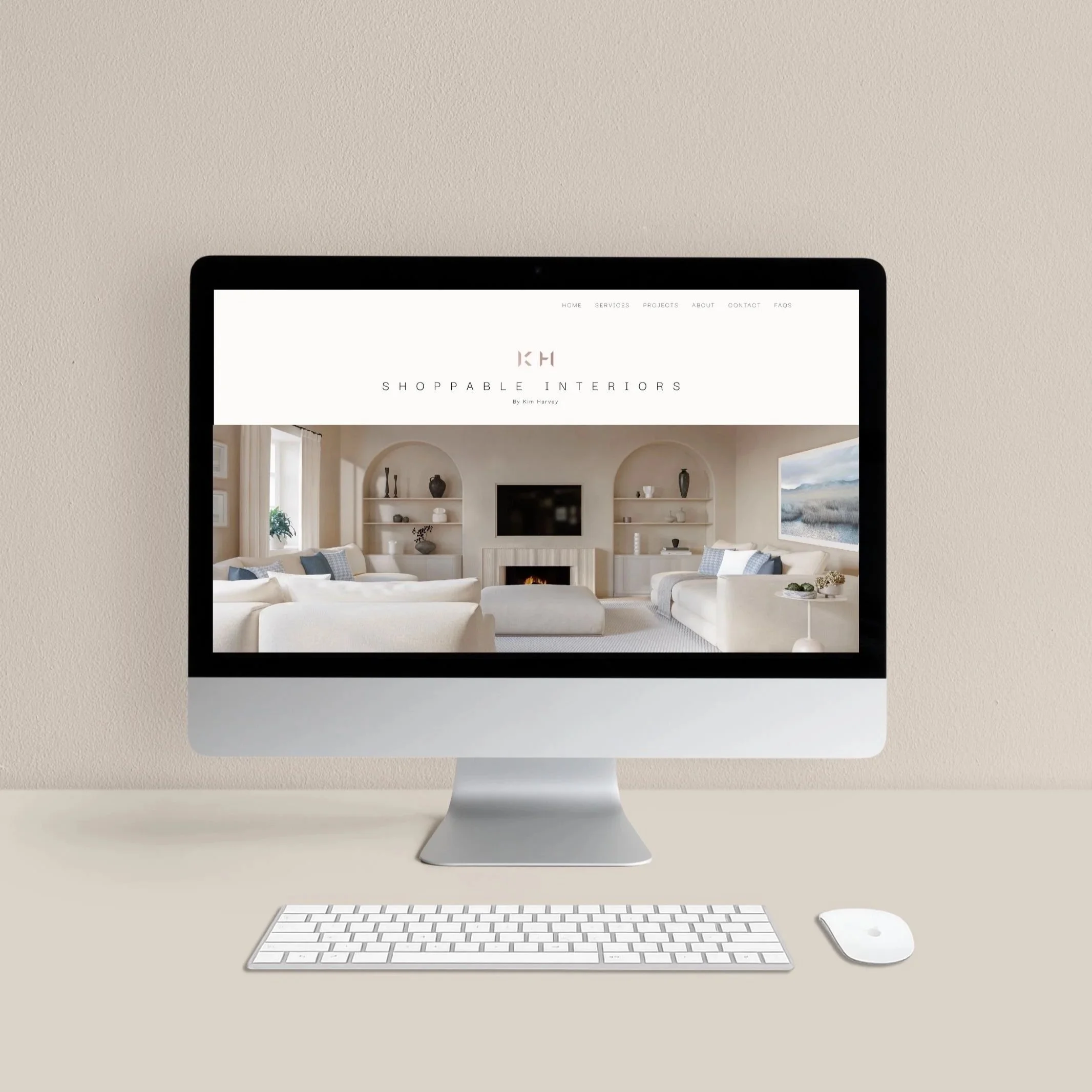 iMac displaying Shoppable Interiors website with living room design, illustrating Step 1 of the 5-step How It Works process
