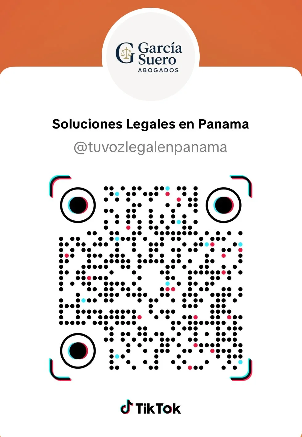 Código QR para soluciones legales en Panamá de García Suero Abogados, con logo y nombre en la parte superior, y el handle de TikTok en la parte inferior.