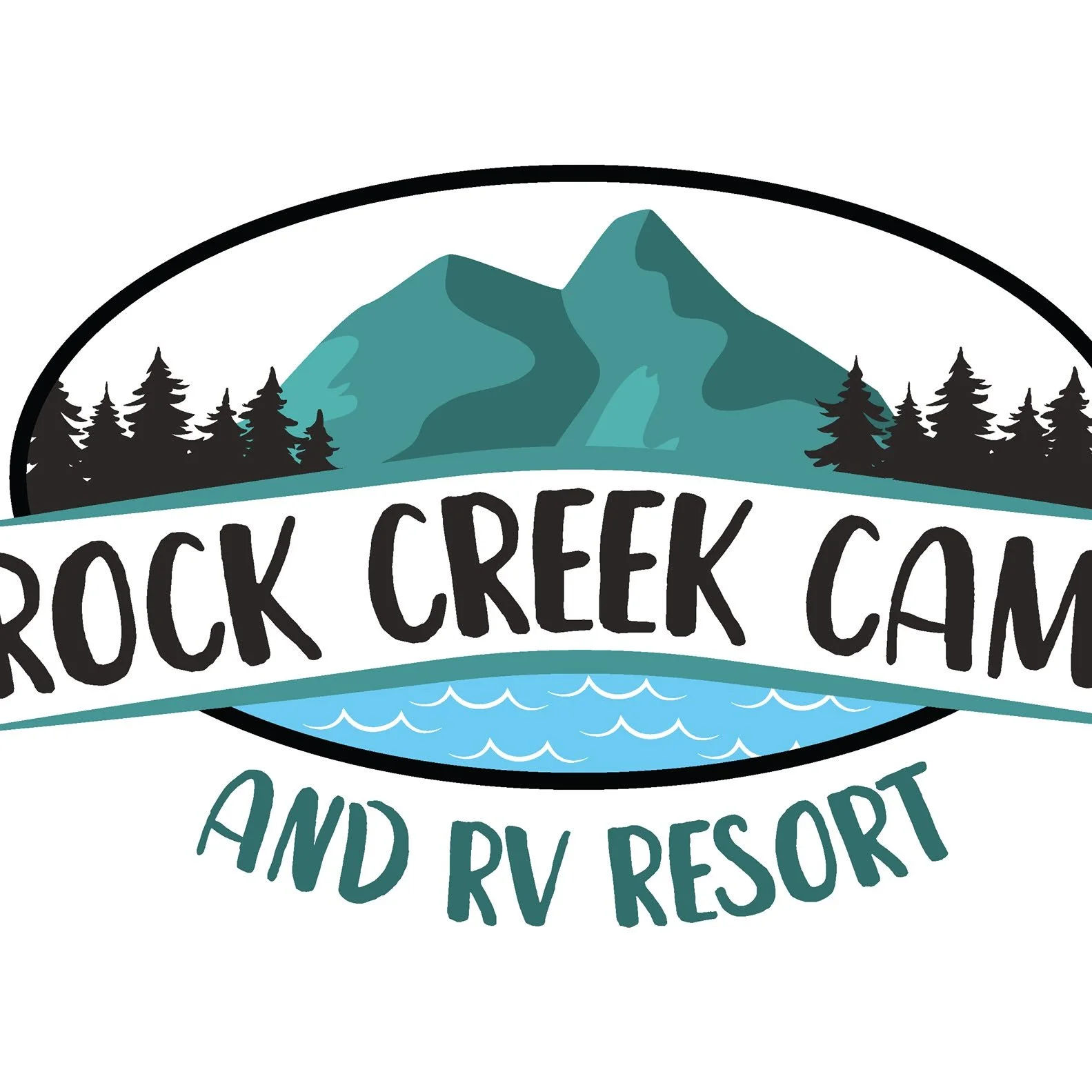 Logo for Rock Creek Camp and RV Resort featuring mountains, trees, water, and stylized text