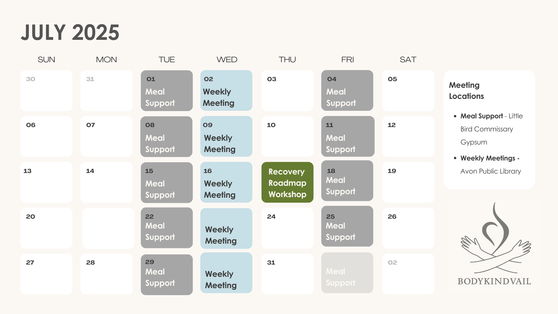 July 2025 calendar with scheduled Meal Support meetings every Tuesday and Friday, Weekly Meeting every Wednesday, and a Recovery Roadmap Workshop on July 17, at Body Kind Vail