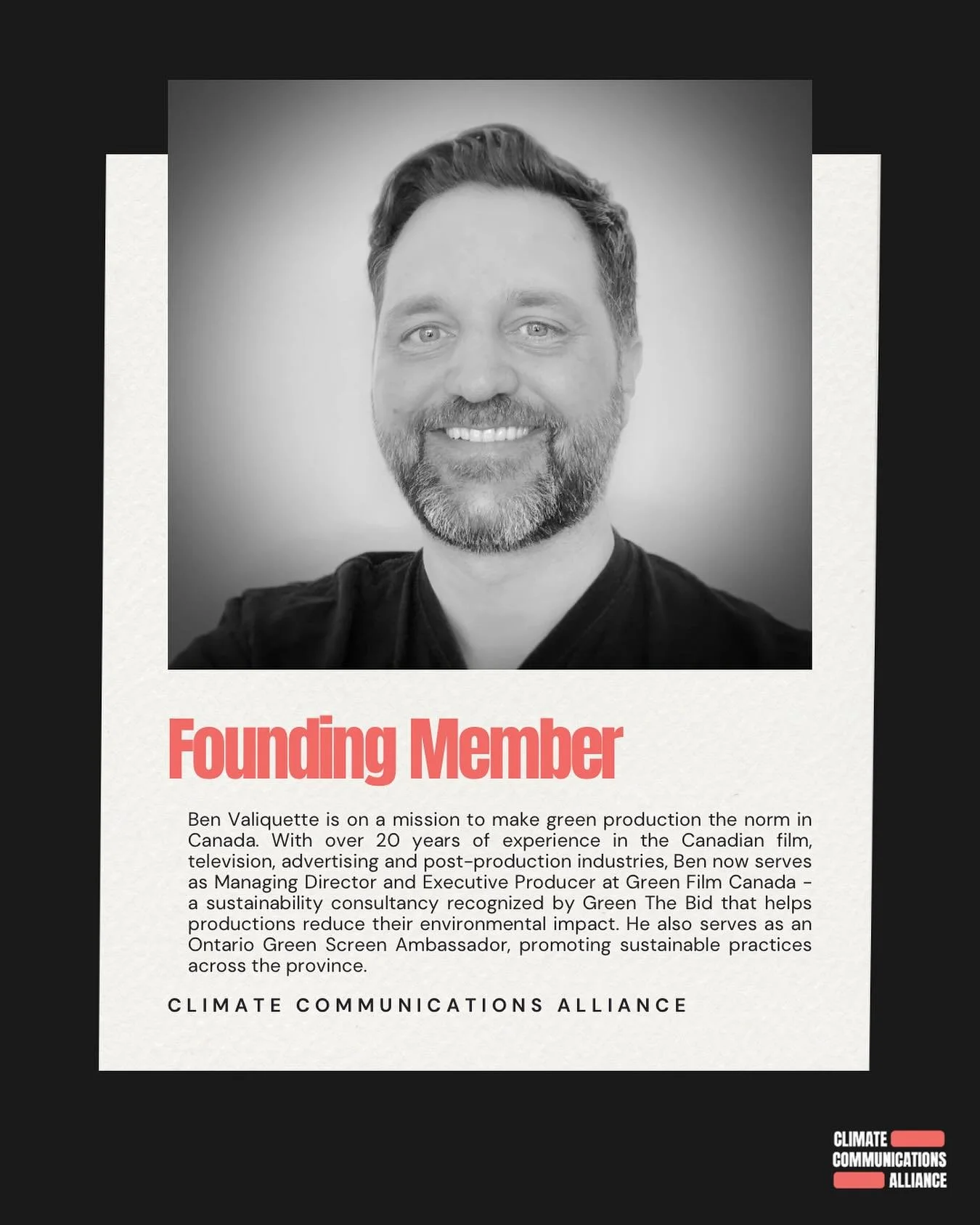 In our next edition of Meet Our Founding Members, we&rsquo;re delighted to introduce Ben Valiquette, Managing Director and Executive Producer at @greenfilmcanada . 
Ben, a 20-year veteran of film, television and advertising, is passionate about makin
