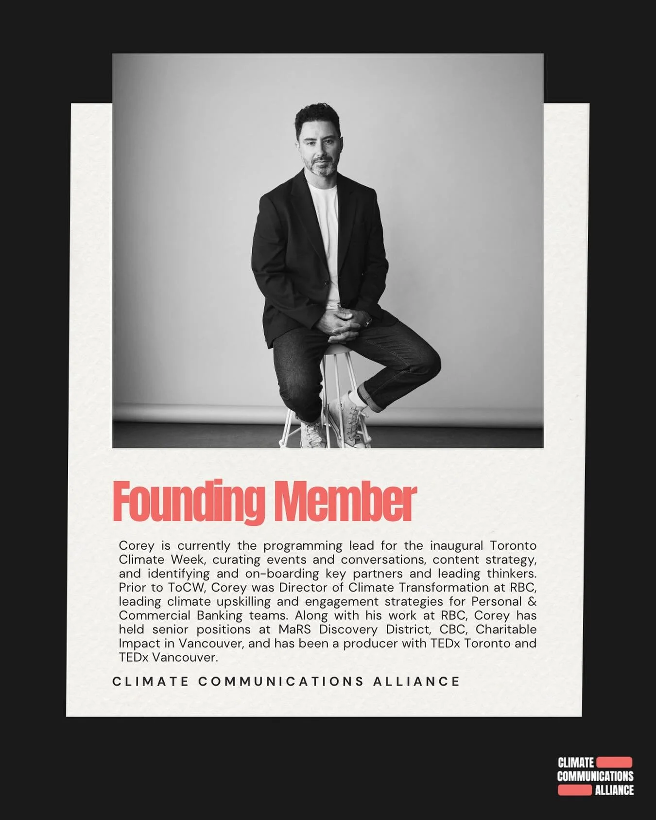We thought it was a timely day to introduce our next founding member, Corey Black, the programming lead for the inaugural @torontoclimateweek happening right now!
Corey has an impressive career in corporate climate communication, most recently with C