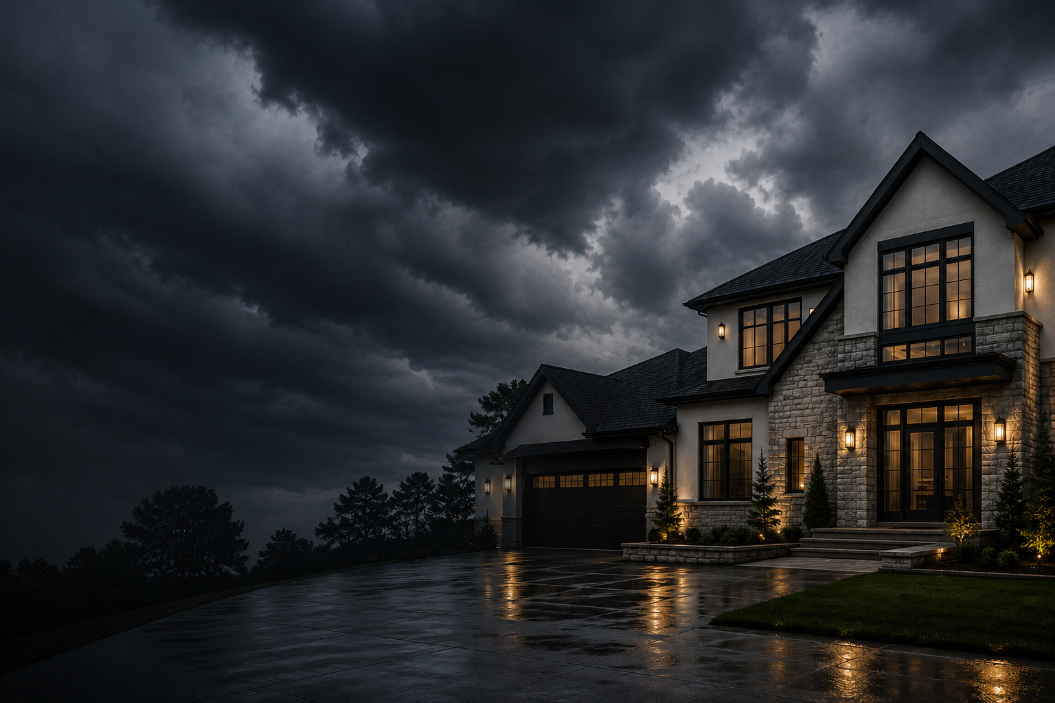 A large modern house with illuminated windows and exterior lights on a rainy night, with a cloudy sky overhead.