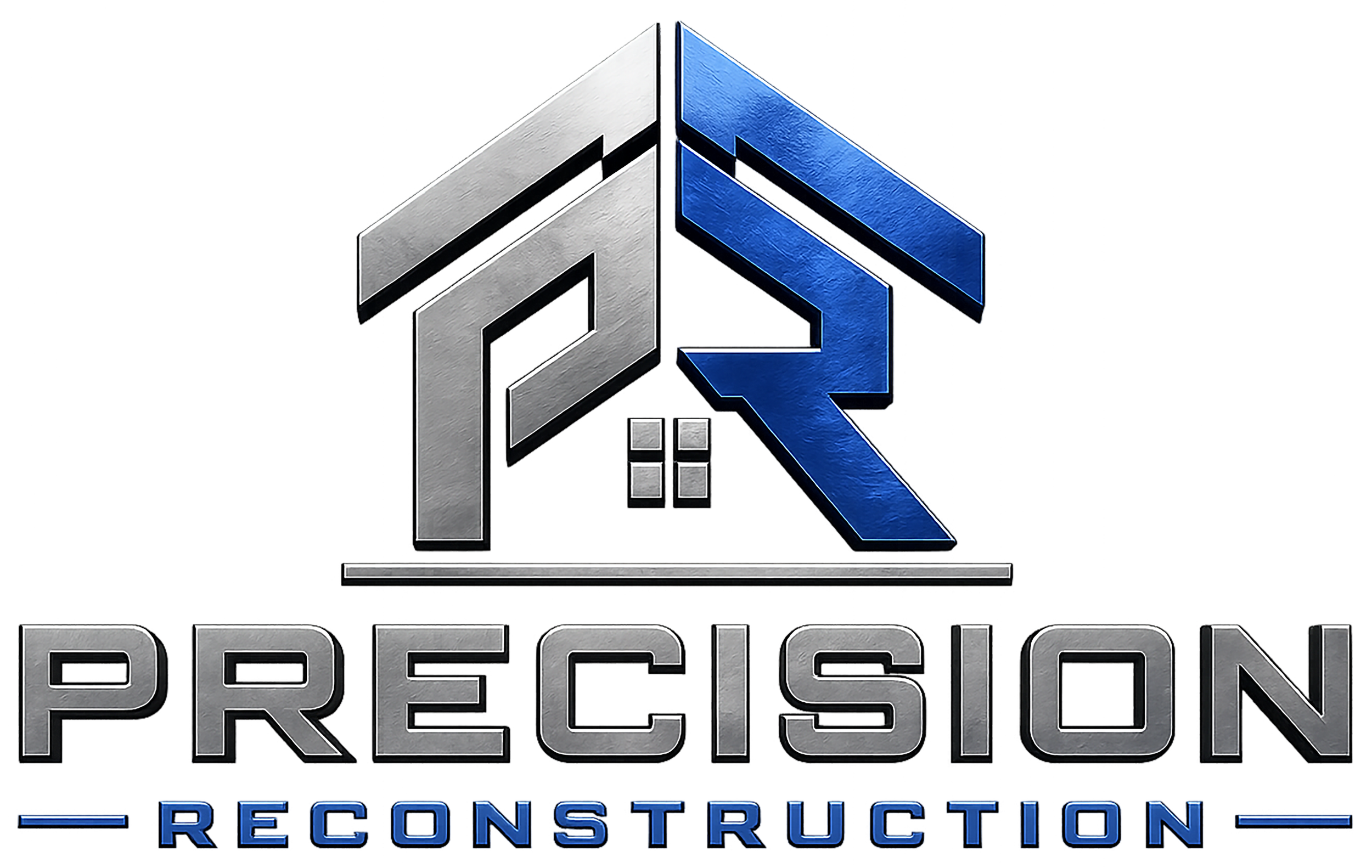 A logo of Precision Reconstruction with a metallic 3D design, featuring a silver and blue color scheme and the word 'Reconstruction' underneath.