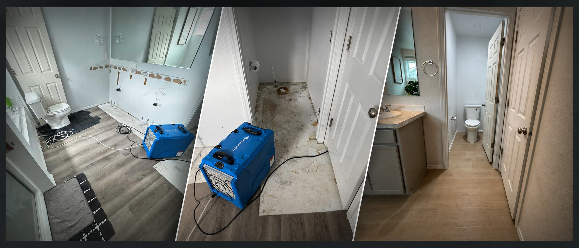 Transformation of a bathroom during renovation: first image shows an unfinished bathroom with exposed wiring, a toilet, and construction tools; second image shows a stripped bathroom with exposed subfloor and plumbing; third image shows a finished bathroom with a toilet, vanity, mirror, and completed flooring.