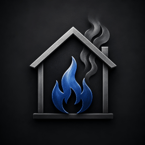 A metallic house-shaped outline with flames and steam above it, symbolizing fire and heat.