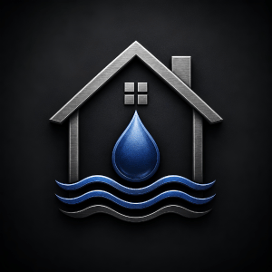A metallic house-shaped emblem with a blue droplet at the center, mounted on a dark textured background.