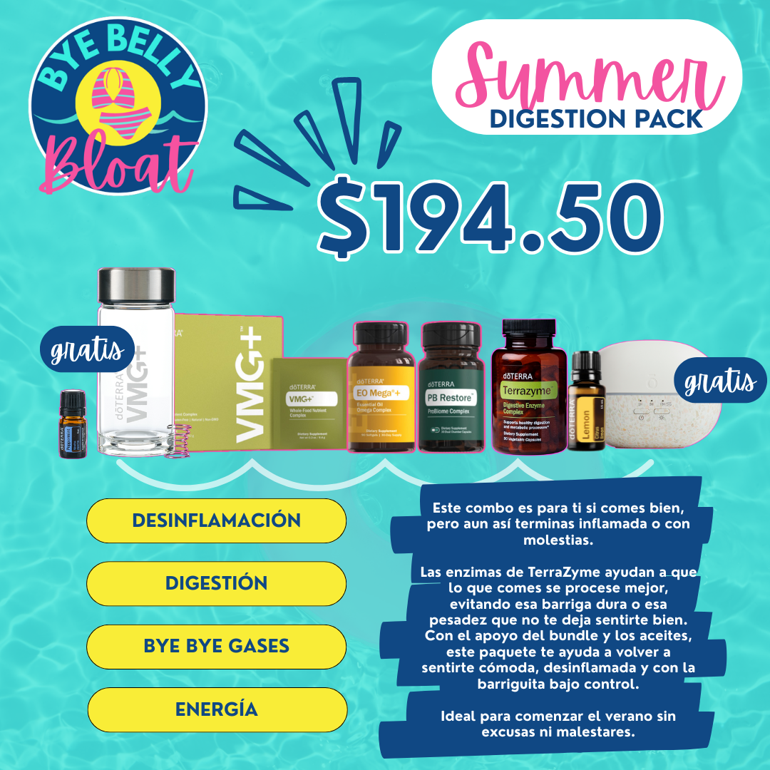 Paquete de suplementos de verano para digestión, con productos como vitamina VMG+ y EO Mega+ , PB Restore y Terrazym, con promociones de productos gratis y un fondo de piscina. Texto en español indica precio de 194.50 dólares, con beneficios para aliviar inflamación, mejorar digestión, eliminar gases y aumentar energía, ideal para comenzar el verano sin molestias.