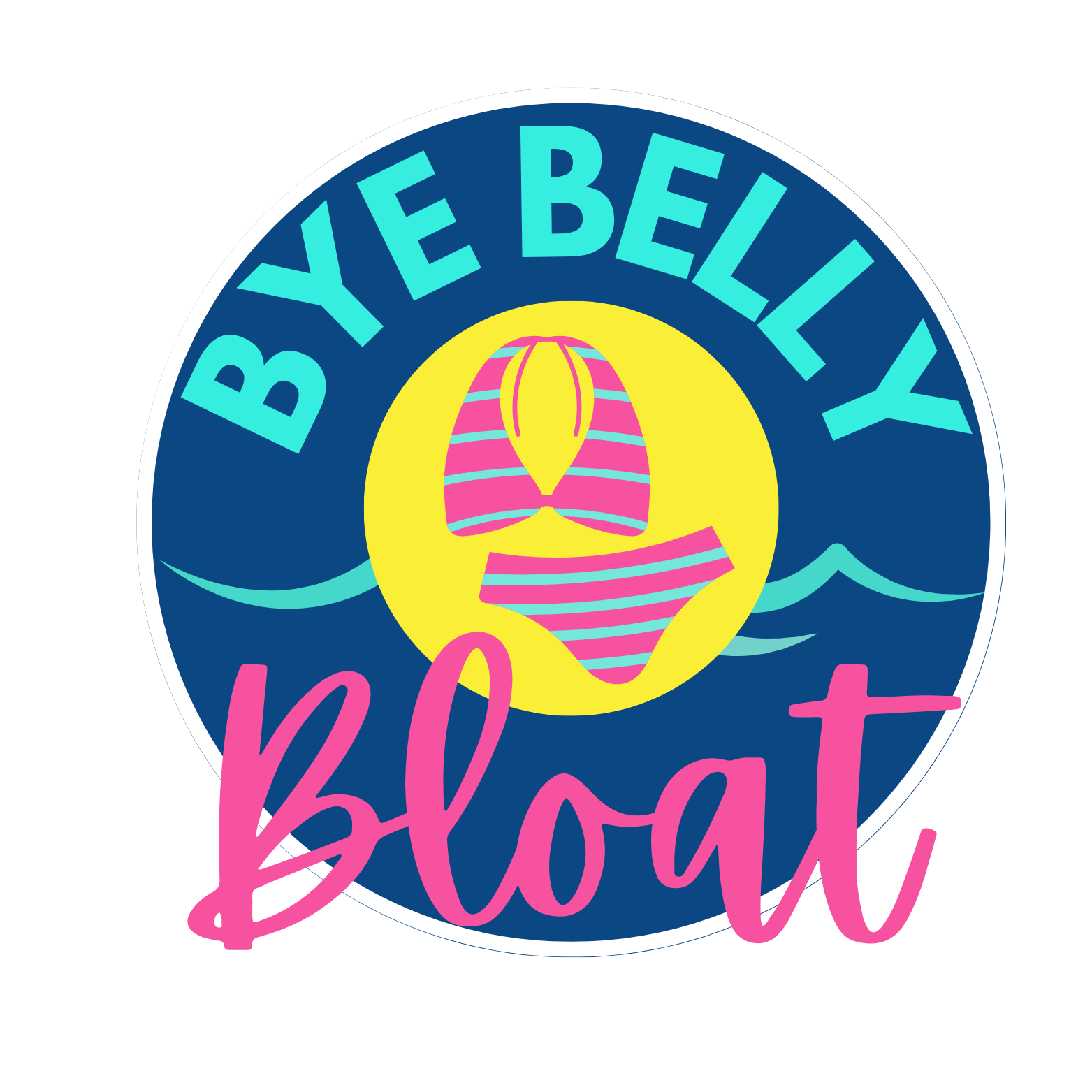 Logo colorido con texto en inglés y español que dice 'B Y E BELLY' y 'bloat'. Incluye una ilustración de bikini de rayas en colores rosa y azul sobre un sol amarillo, con ondas azules en el fondo.