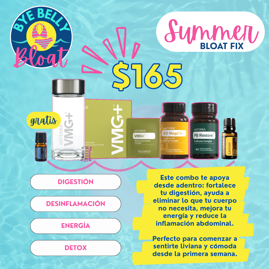 Anuncio de combo de productos de bienestar y energía para verano, valorado en $165, con productos para digestión, inflamación, energía y detox, y un accesorio gratis. El fondo simula agua de piscina y el diseño usa colores vibrantes. Incluye una descricción resaltando los beneficios del combo para bienestar y bienestar en la primera semana.